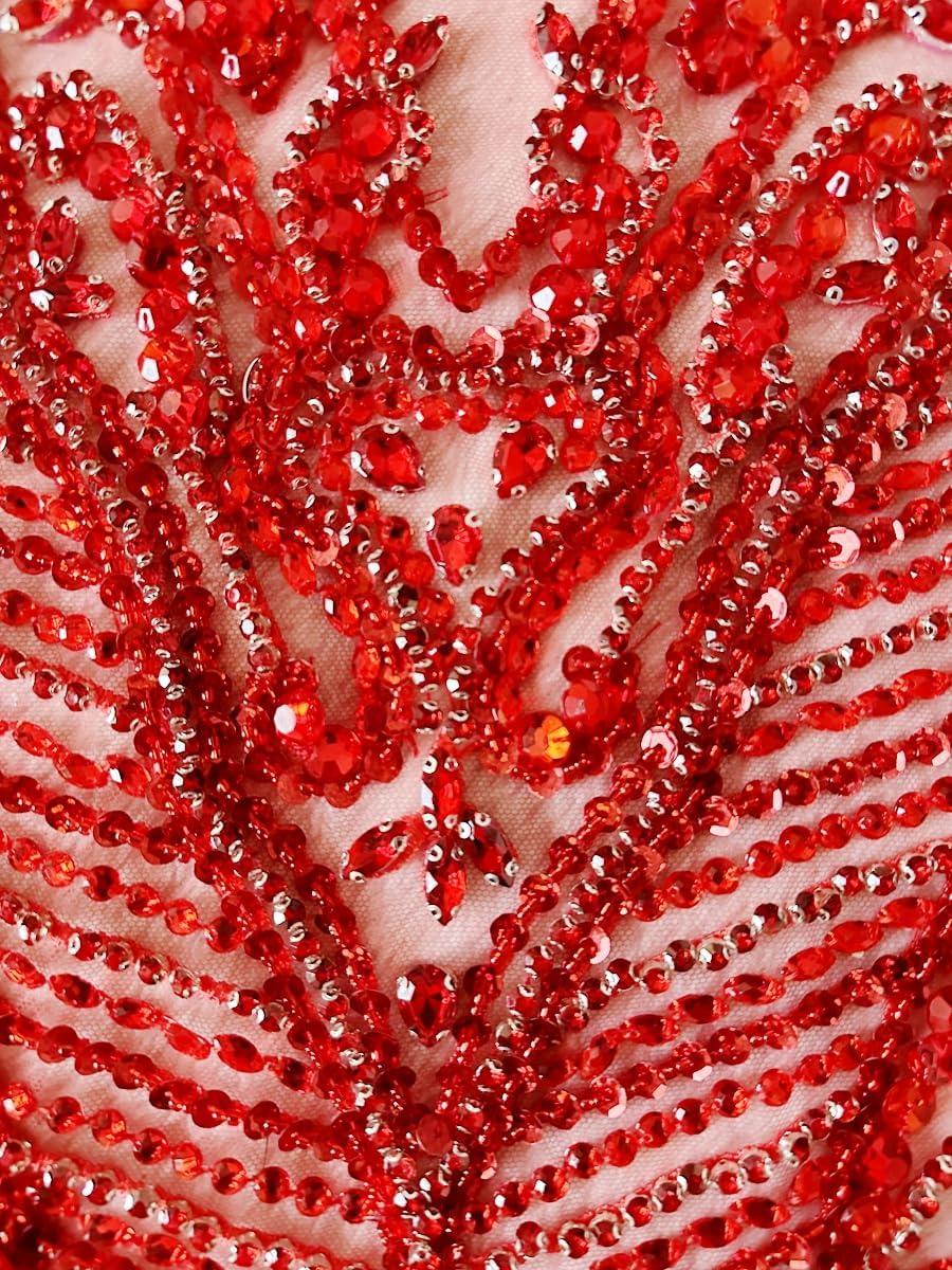 Large Size Rhinestones Beads Bodice Applique handsewing Shining Acrylic Stones Trim lace Patches for Wedding Graduation Dress Accessories 31X13.7inches (Red)