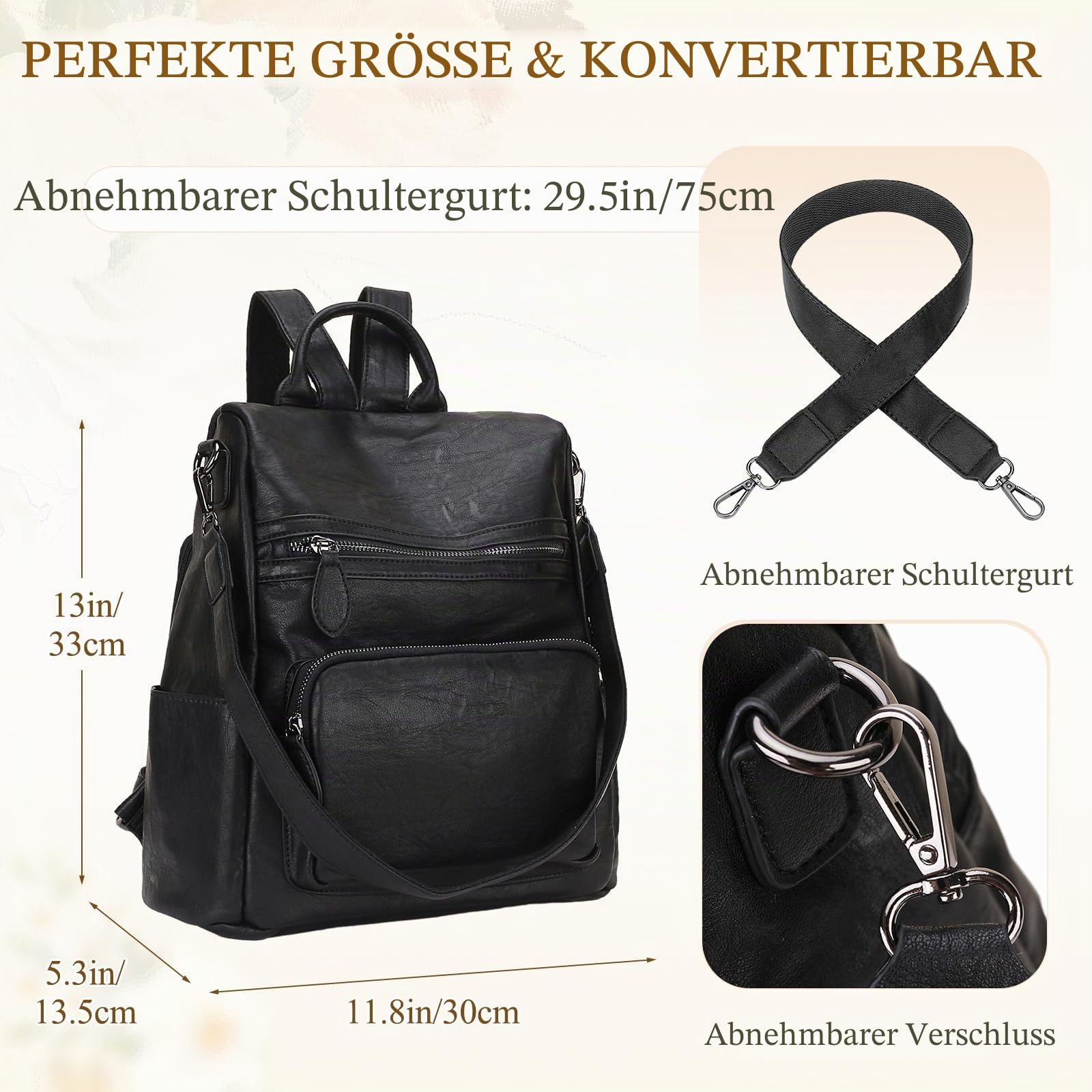 RAVUO Rucksack Damen, Elegant Cityrucksack Anti Diebstahl Pu Leder Rucksackhandtasche Wasserdicht Rucksack Tasche 2 in 1 Schwarz