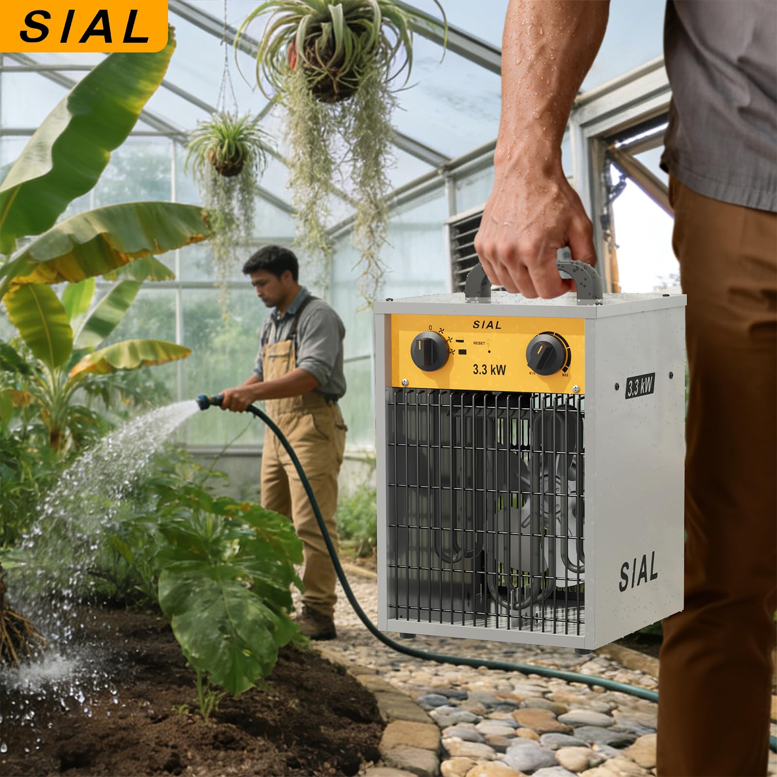 SIAL Industrie Heizgebläse 3300W - Elektroheizer Heizlüfter - Bauheizer Bautrockner - Industrielle Heizstrahler mit 3 Heizstufen - Für Garagen, Werkstätten, Baustellen Silber