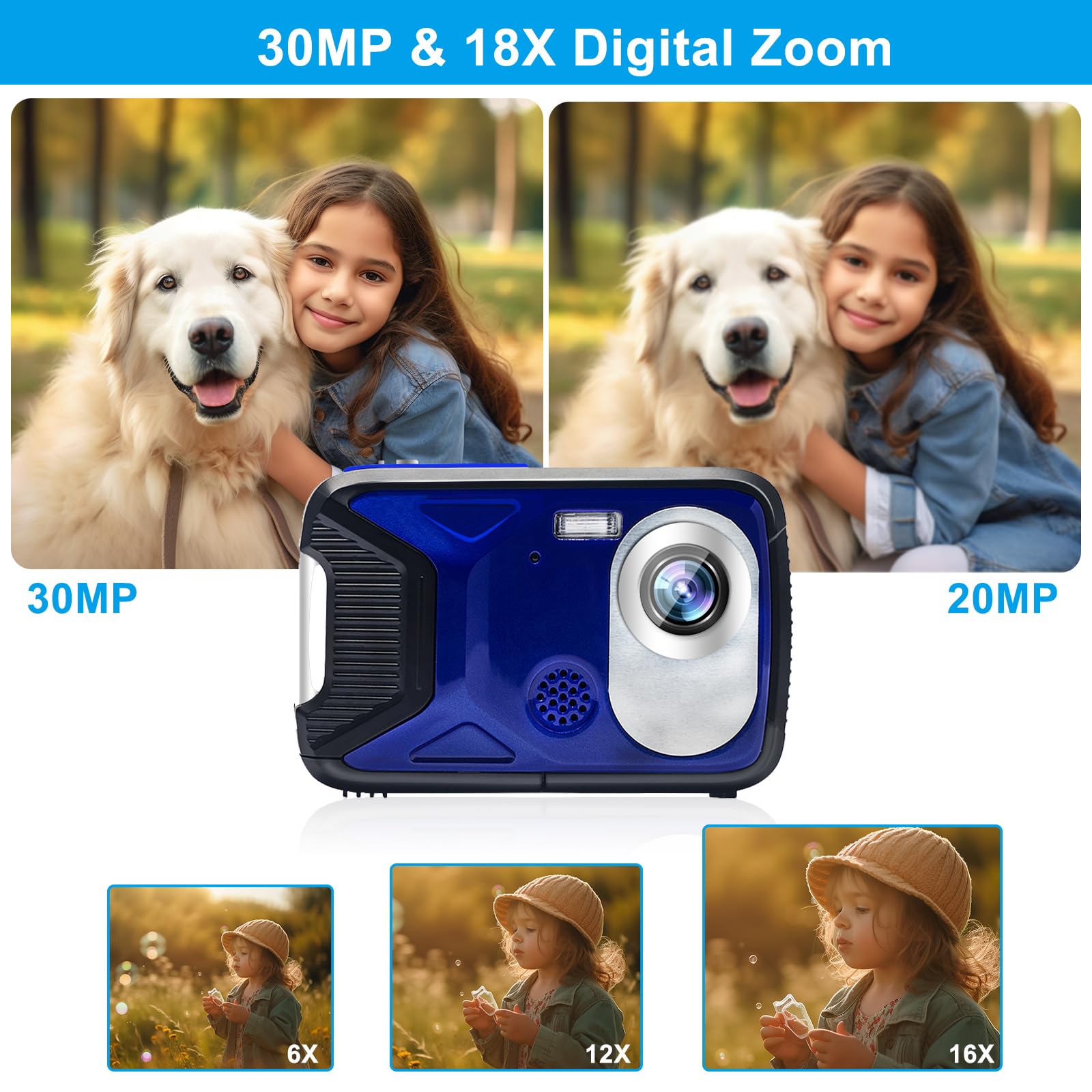 Appareil photo numérique étanche 21 MP 1080p avec flash LCD de 7,1 cm, rechargeable HD pour garçons et filles avec tuba, voyage/cadeau (bleu)