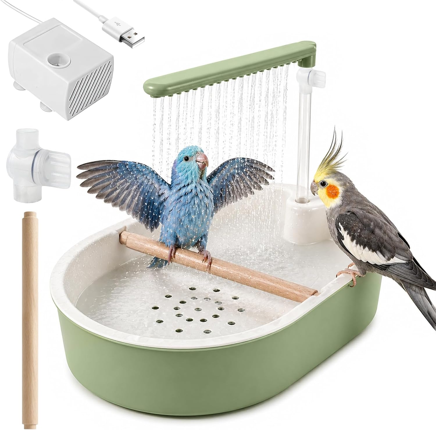 Tiiyee Automatic Parrot Bird Bath for Cage, Large Parakeet Bath with Pump, Bird Shower Fountain Indoor Bathtub USB Charging Quiet Pump for Pet Birds, Conure, Cockatoo, Budgie, Lovebird, Finches