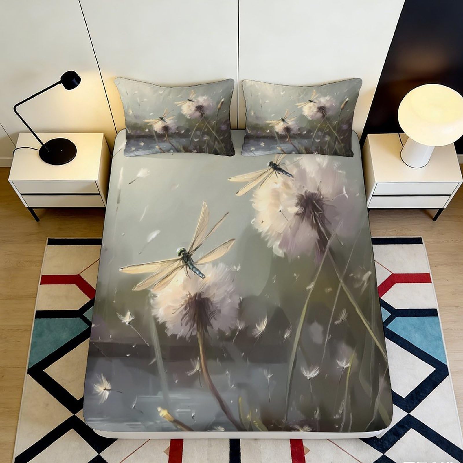 3D Printed Dandelion Dragonfly Fitted Sheet Microfiber Soft Bedroom Decor Artistic Mattress Cover Dustproof 90x200x25cm
