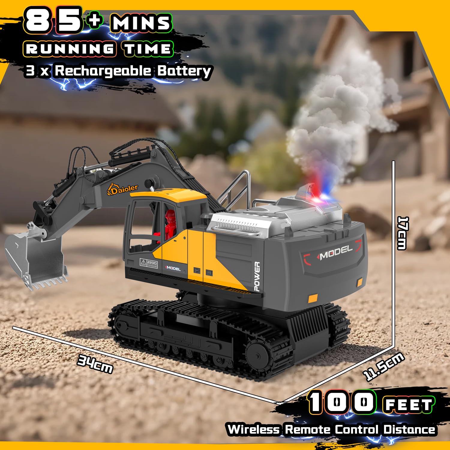 Rc Escavatore giocattolo da costruzione per bambini 3-12, auto telecomandata con spray, pala in metallo /3 × batteria /680° rotazione/luce, escavatore idraulico per ragazzi compleanno