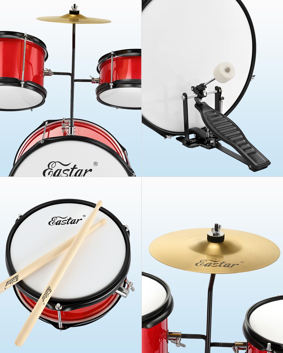 Eastar Batteria per Bambini per età 3-10 Anni, Junior Drum Set con Rullante, Tom, Grancassa, Pedale Grancassa, Sedile e Bacchette (Rosso)