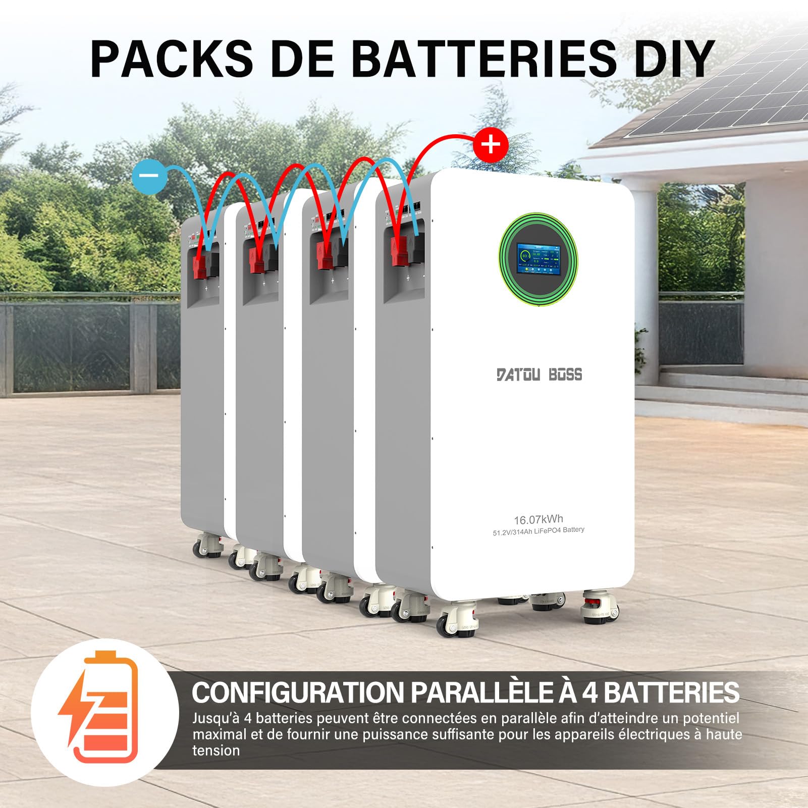DATOUBOSS Batterie Lithium Fer Phosphate 48V 314Ah 16,07kWh, BMS 200A Intégré Écran LCD, Communication RS485/CAN, Stockage Énergie pour Maison, Système Solaire, Camping-Car et Applications Hors Réseau