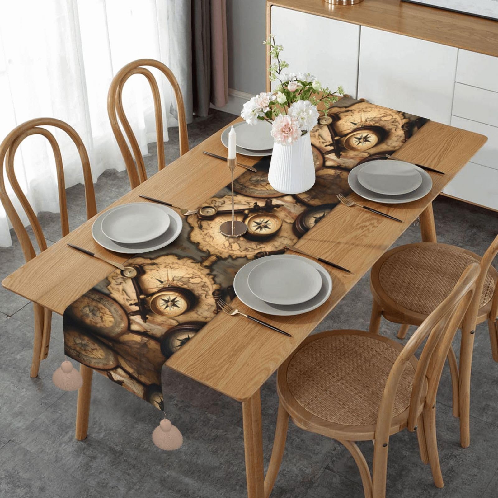 Décoration de Noël chemin de table rustique boussole et carte ancienne