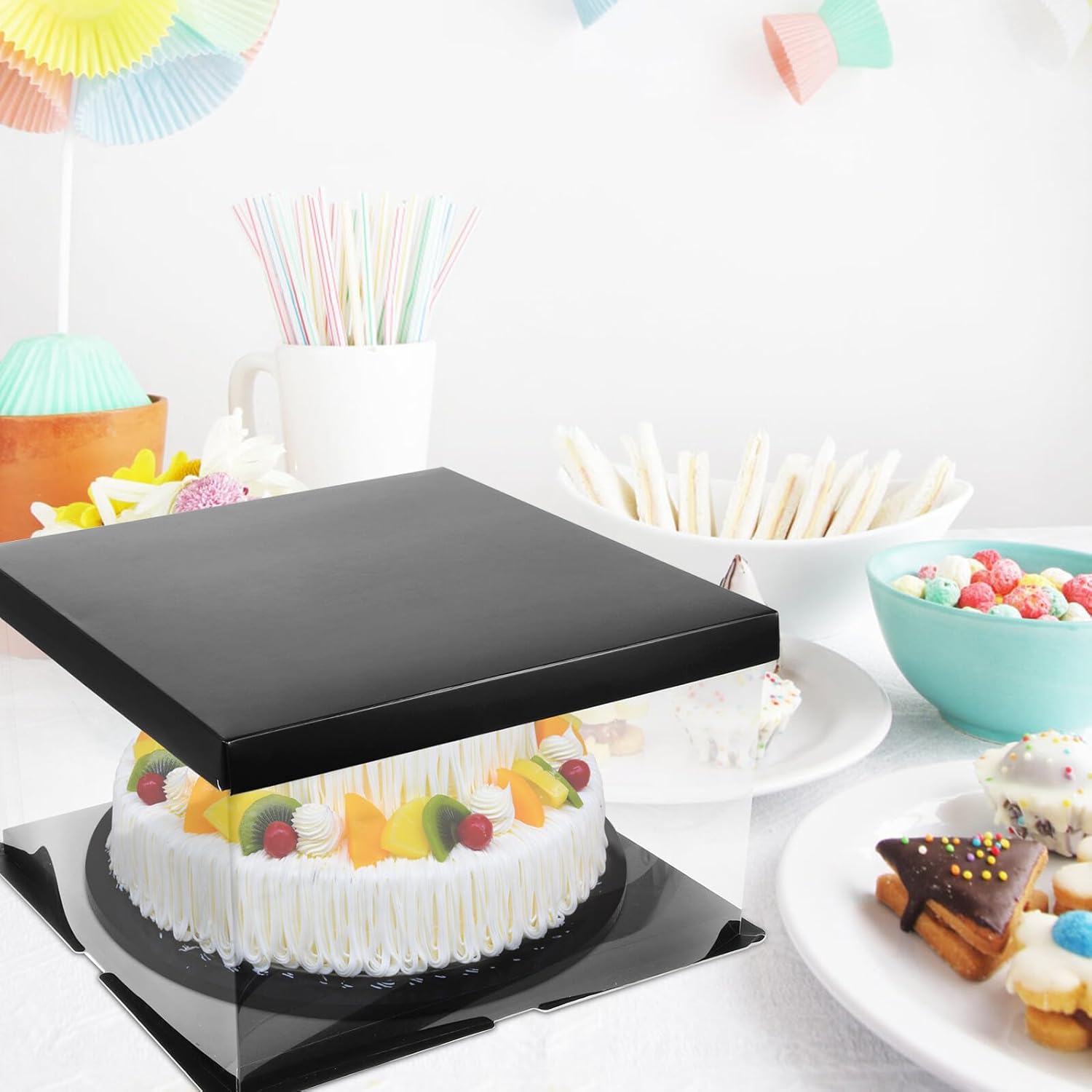 FUOYLOO 4pcs Square Cake Boxes 10-inch Birthday Cake Packaging Holders Black Single Layer 30x30x18cm Bakery Packing Containers for Wedding Party Display