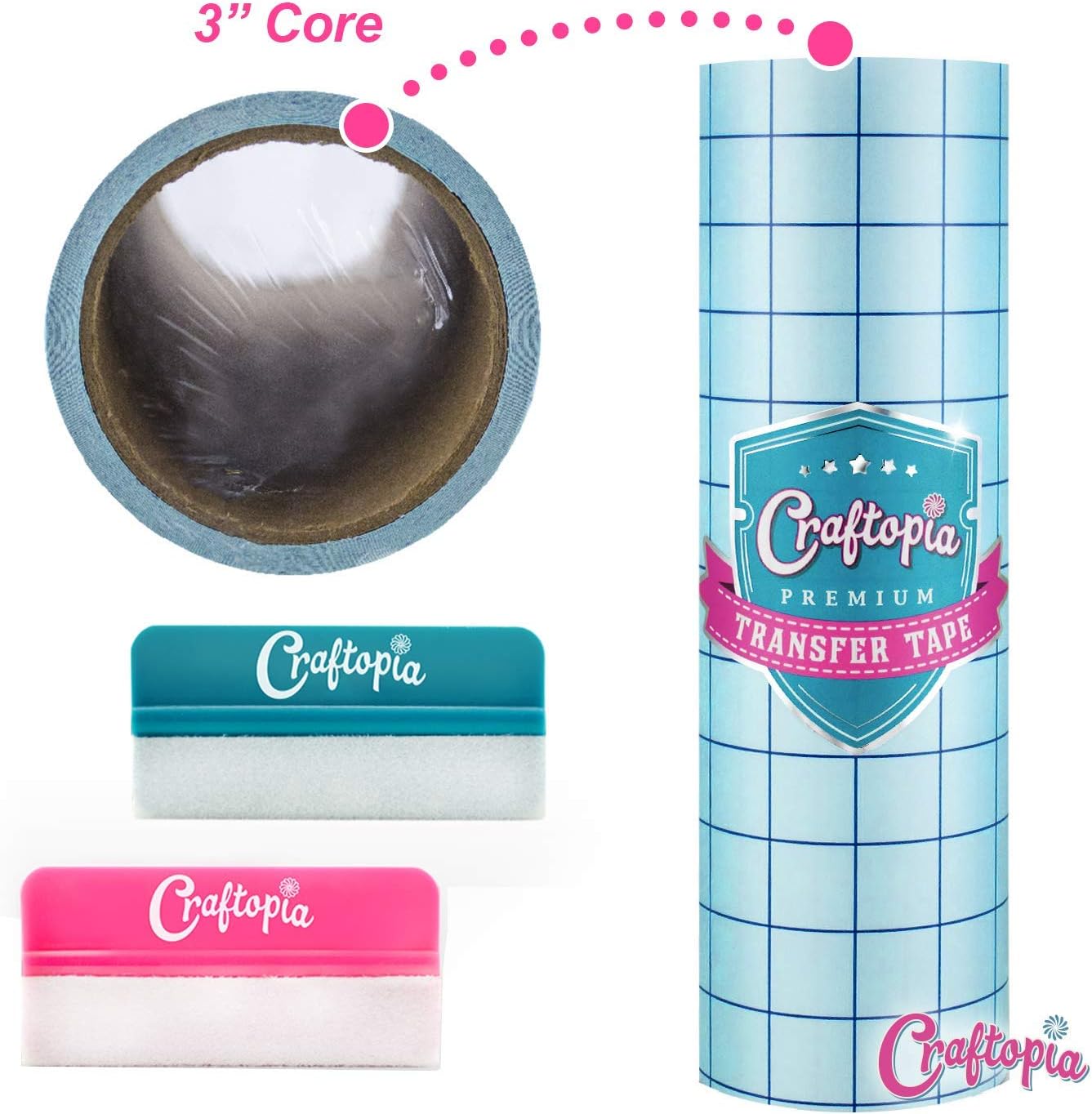 Craftopia transfer paper tape roll 12 inch x 25 feet clear with blue alignment grid, 8 bonus feet perfect for cricut cameo self adhesive vinyl for signs stickers decals walls doors windows