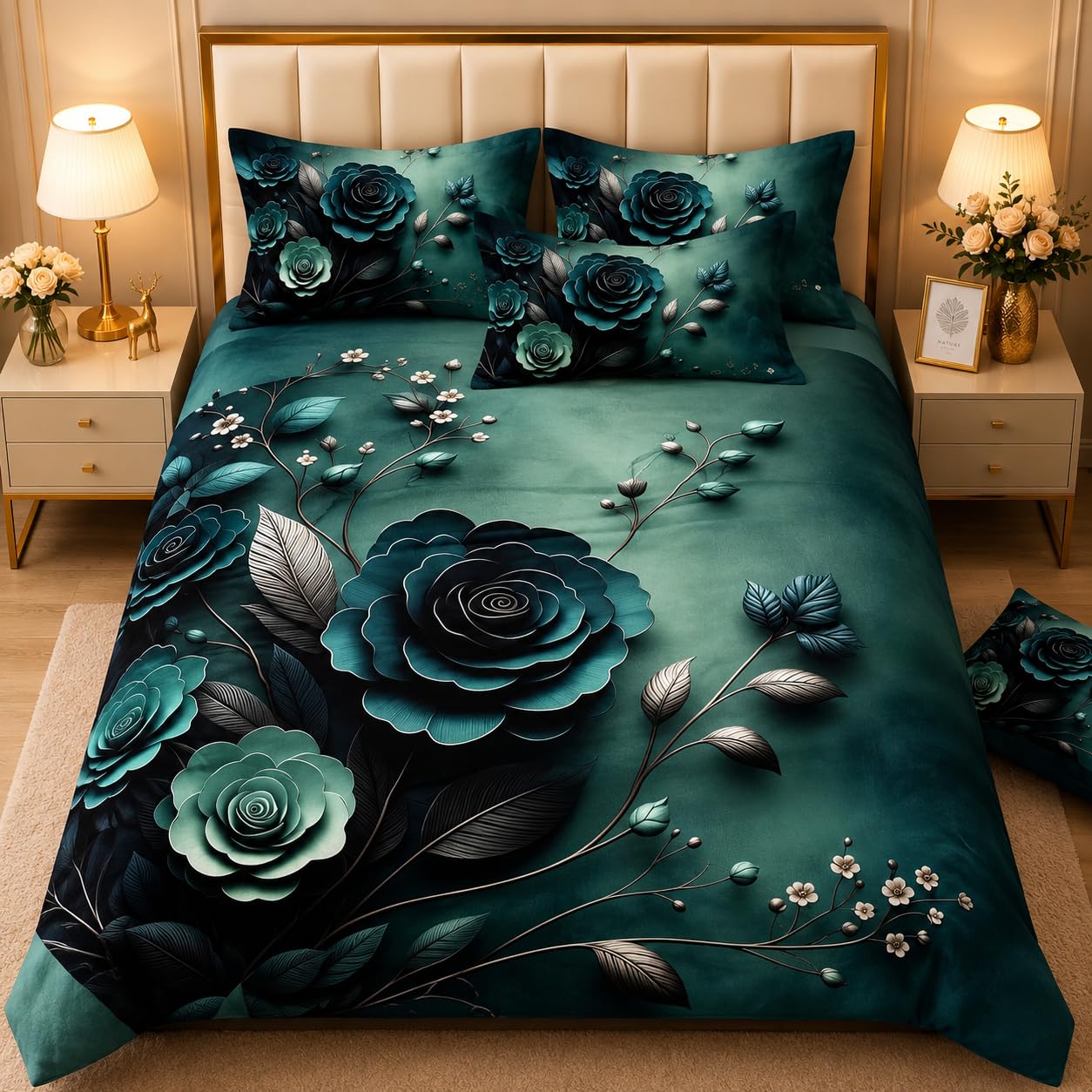 Aura Linen 7D Printed Double Queen Size Bedsheet Set, Design, (90"X100") cm with 2 Pillow Covers, Premium Microfiber, 3 Pieces (Teal Rose Garden)-image-0