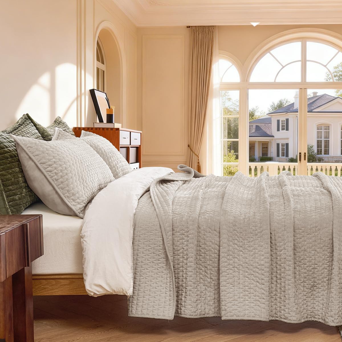 Luxury Velvet Quilt Set Oversized King Size 120x128 Striped Pick Stitch 3 Piece Bedspread with 2 20x36 Pillow Shams Soft Coverlet Bedding Set Lightweight Comforter for All Season Beige - Image 2