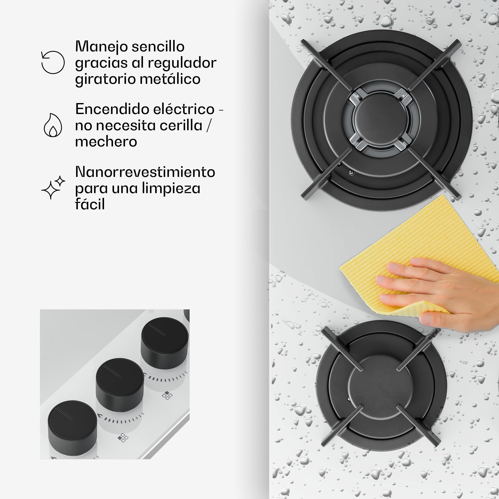 Klarstein Velaire Placa de Gas 60 cm - 4 Quemadores, 8000 W, Vidrio, GLP & Gas Natural, Encendido Eléctrico, Protección Antillama, Kit Conversión, Encimera Cocina Moderna, Blanco