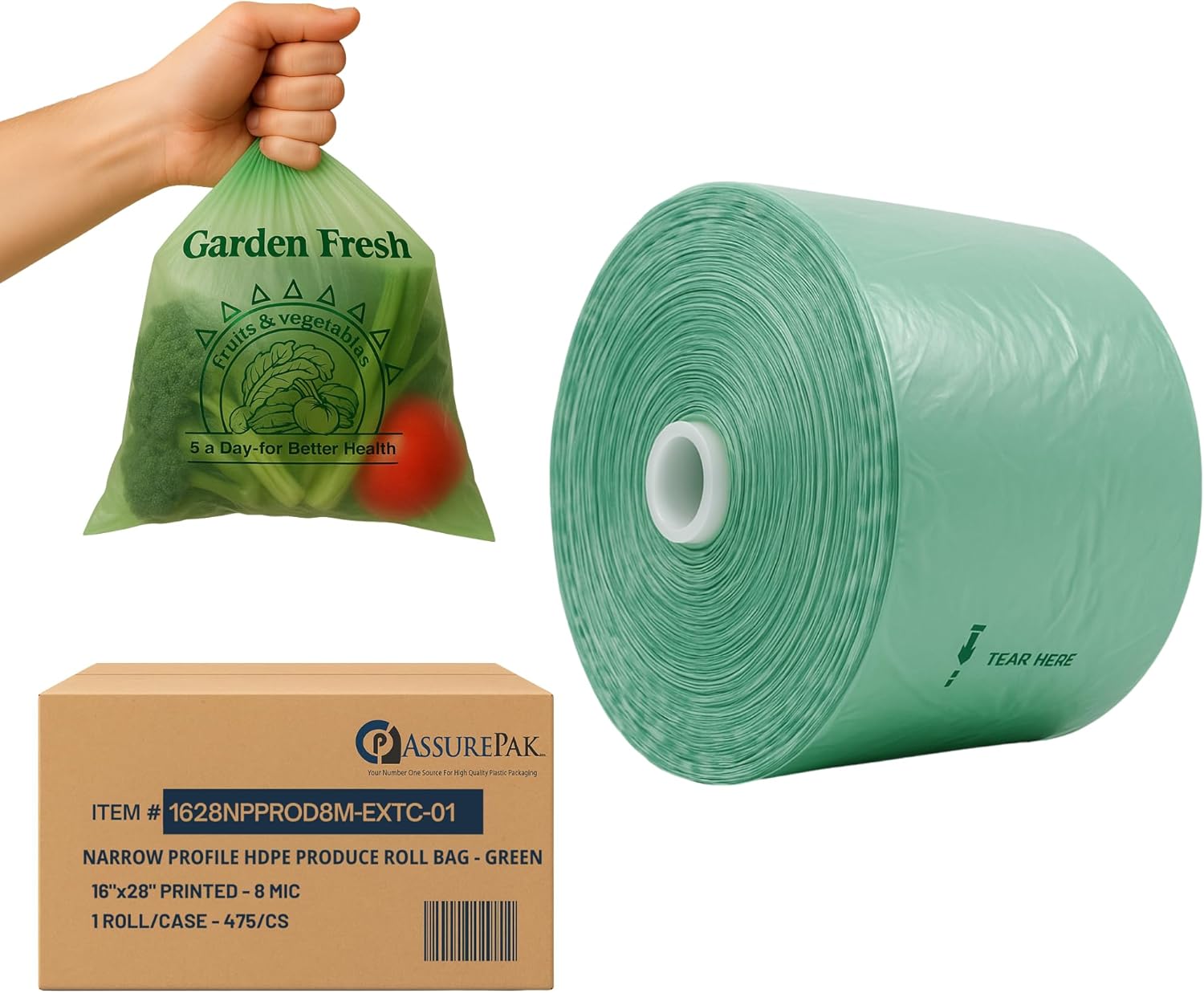 Narrow Profile Produce Bags Roll Green - 16"x28" – 475 plastic bags (1 Roll, 8 Microns) – for Grocery, Small Business, Produce Use, Food & Storage Needs, Garden Fresh, Narrow Profile, Kitchen Use