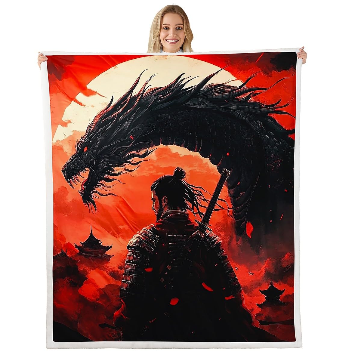 Dragon Wildlife Throw Blanket,Chinese General Flannel Blanket for Room Decor,Chinese Loong Fleece Blanket,All Seasons Super Soft,Queen 90"x90"