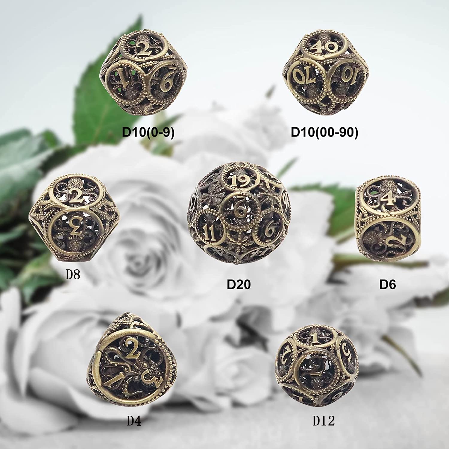 Ball Octopus Bronze D&D Dice Set - 7 Piece Metal Polyhedral Dice (D20, D12, D10, D8, D6, D4, D%) - View #3