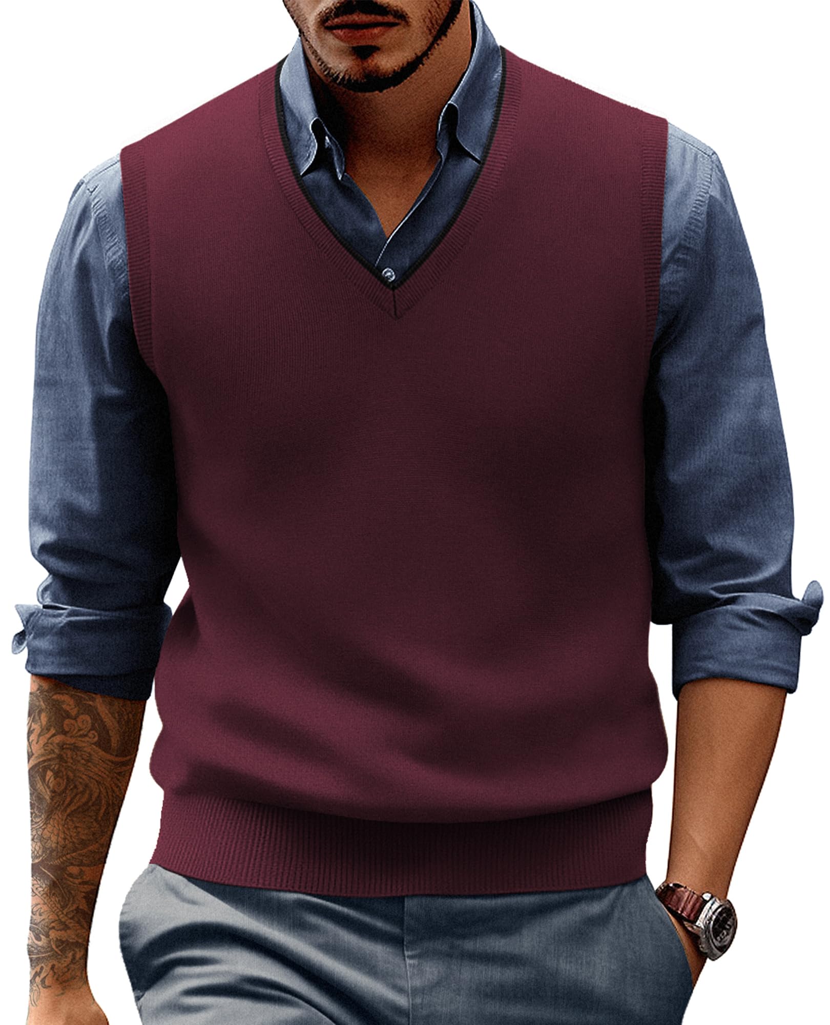 Mens Sweater Vest Wool Blended Knitted Vest Sweaters V-Neck Sleeveless Pullover Vests, Burgundy, Large-image-9