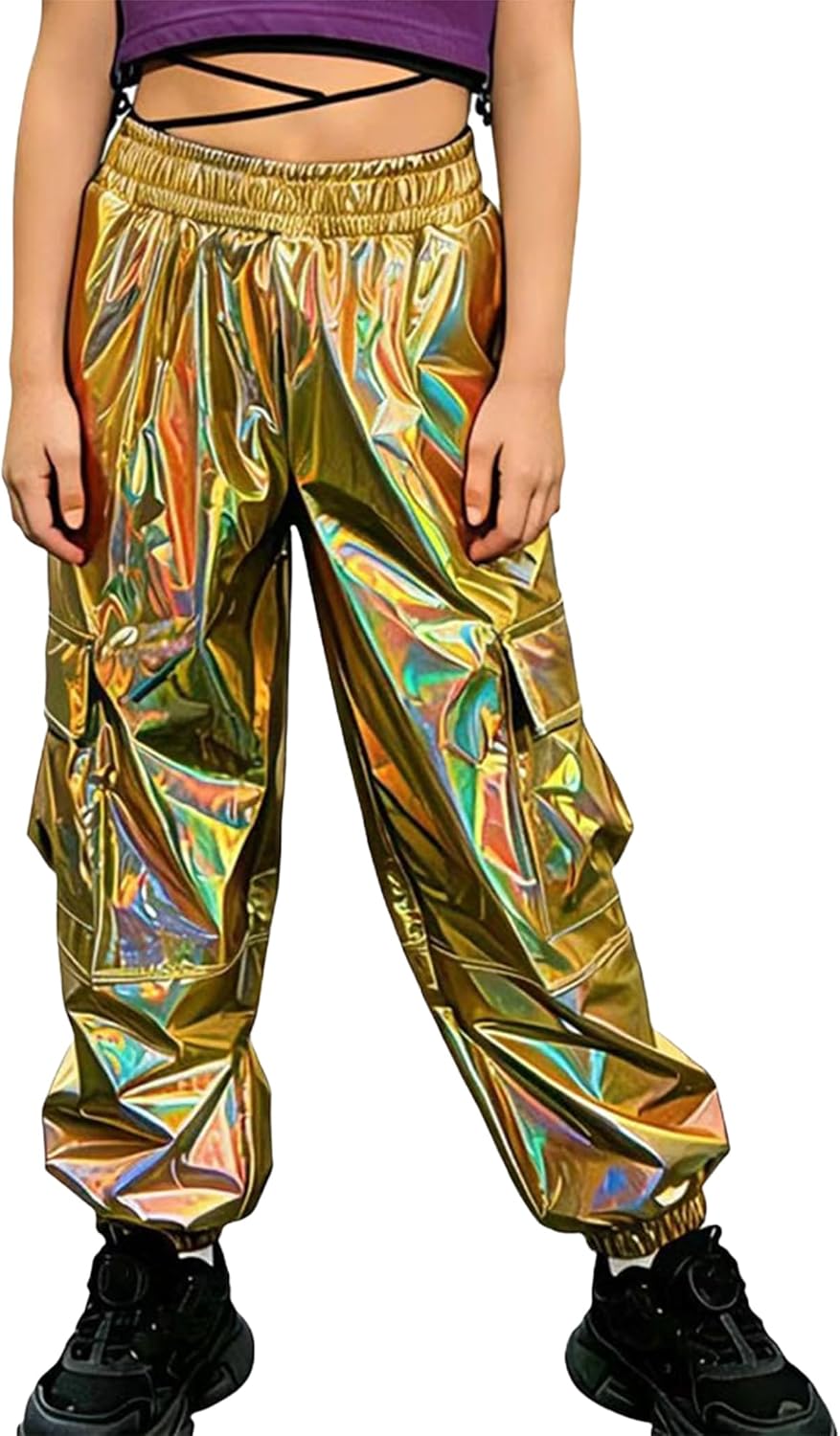 Jugaoge Girls Metallic Cargo Pants Hip Hop Casual Pants
