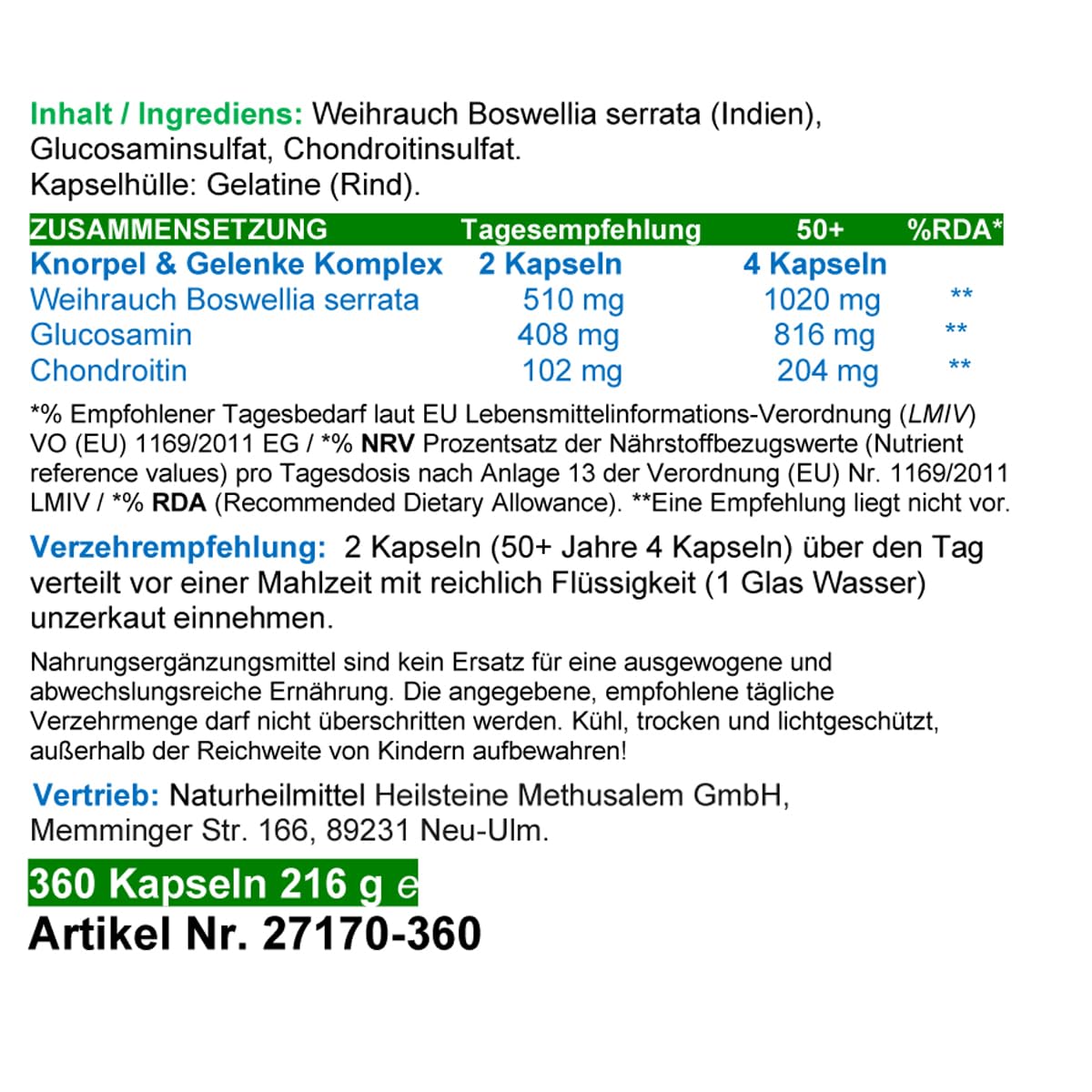 KNORPEL & GELENKE Komplex - BINDEGEWEBE aufbauen & straffen bevor Knie & GELENKE schmerzen. BOSWELLIA Weihrauch + Glucosamin + Chondroitin 720 (2x360) Kapseln - OHNE ZUSATZSTOFFE. 27170-6
