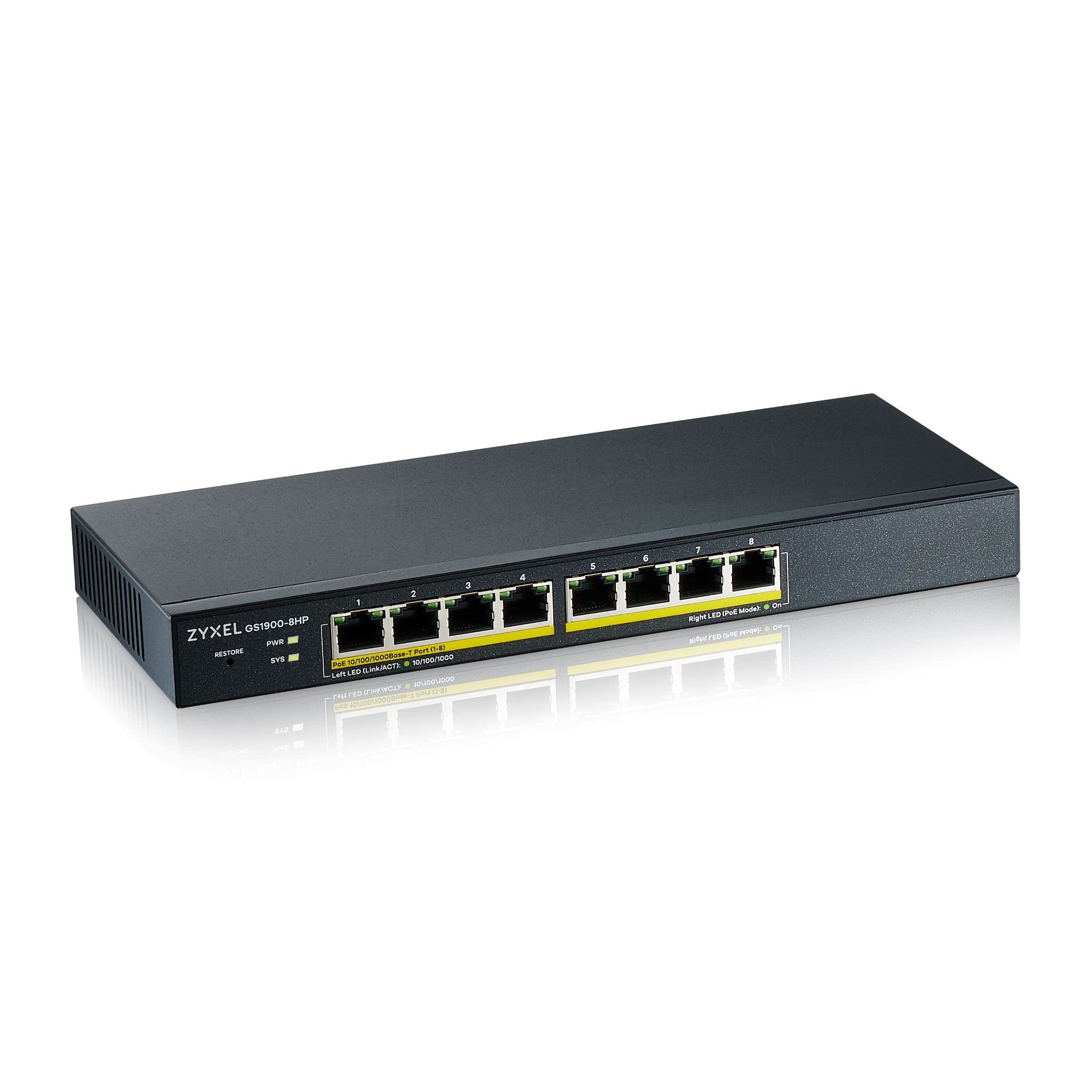 Zyxel 8-Port Gigabit PoE Switch | Smart Managed | Desktop / Wall Mount and Fanless Design | 8 PoE+ Ports with a Budget of 70W | VLAN, IGMP, QoS [GS1900-8HP]