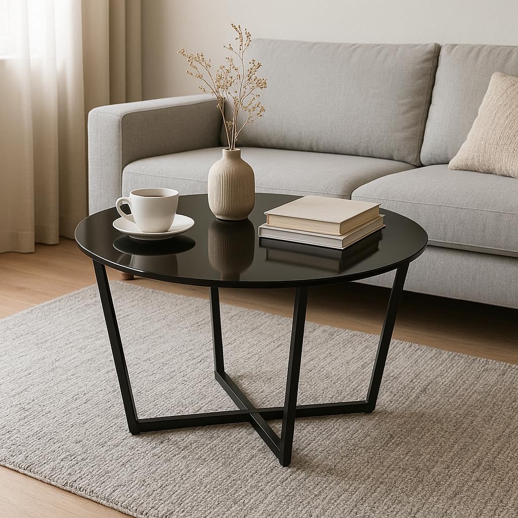 Mango Steam Round Metro Glass Coffee Table for Living Room & Dining Room - Black Top/Black Base