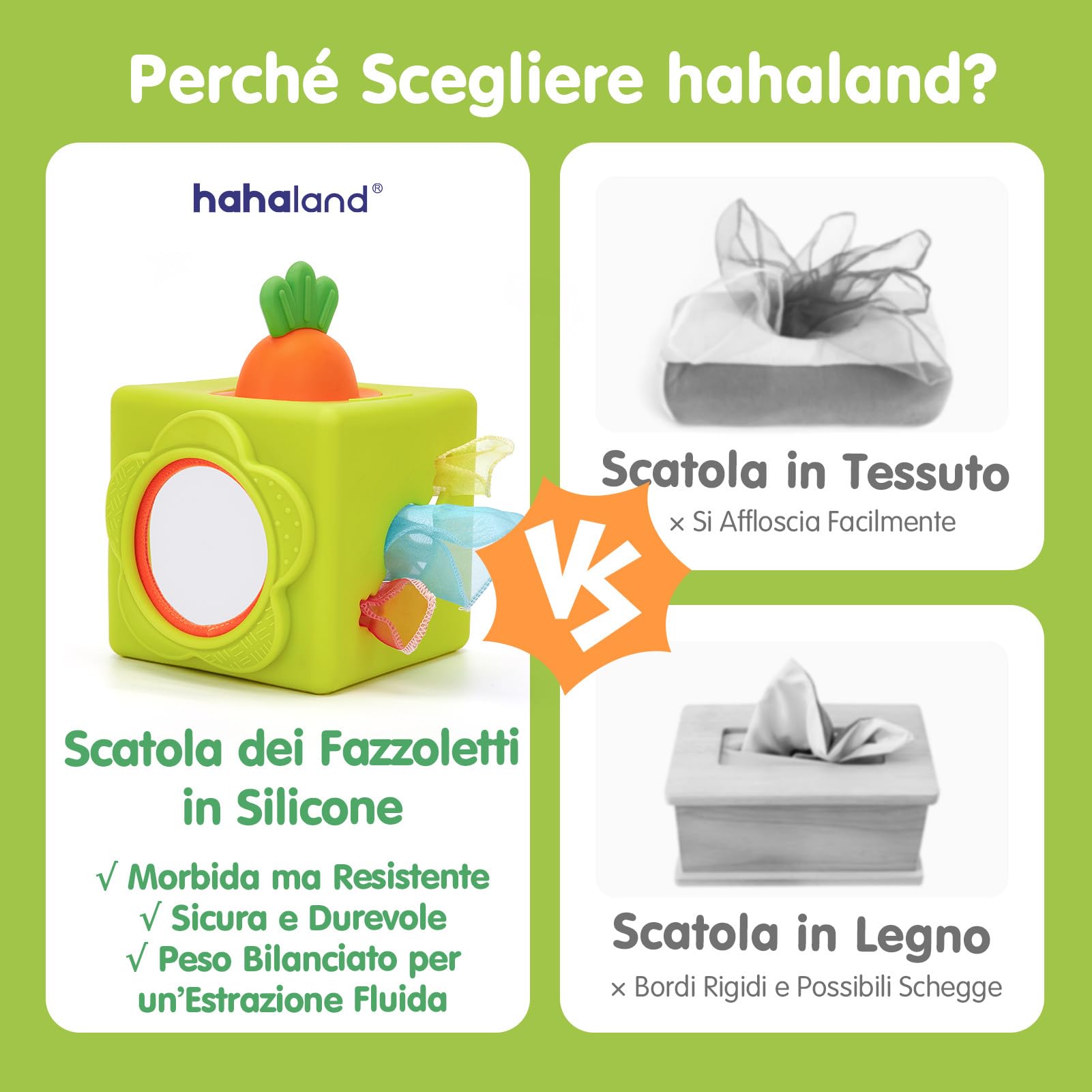 hahaland Giochi Neonato 6 Mesi, Scatola di Fazzoletti in Silicone Sensoriali Neonati Montessori, 6-in-1 Cubo attività con Trame e Specchio, Regalo Educativo Bimbo Bimba 6-12 Mesi