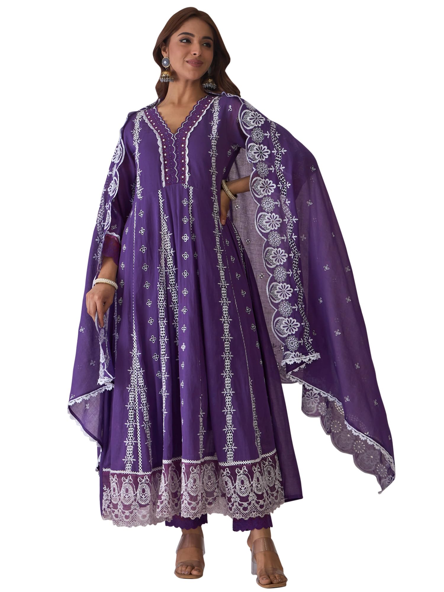 Women's Pure Cotton Embroidered Anarkali Kurta & Pant with Dupatta Set-image-20