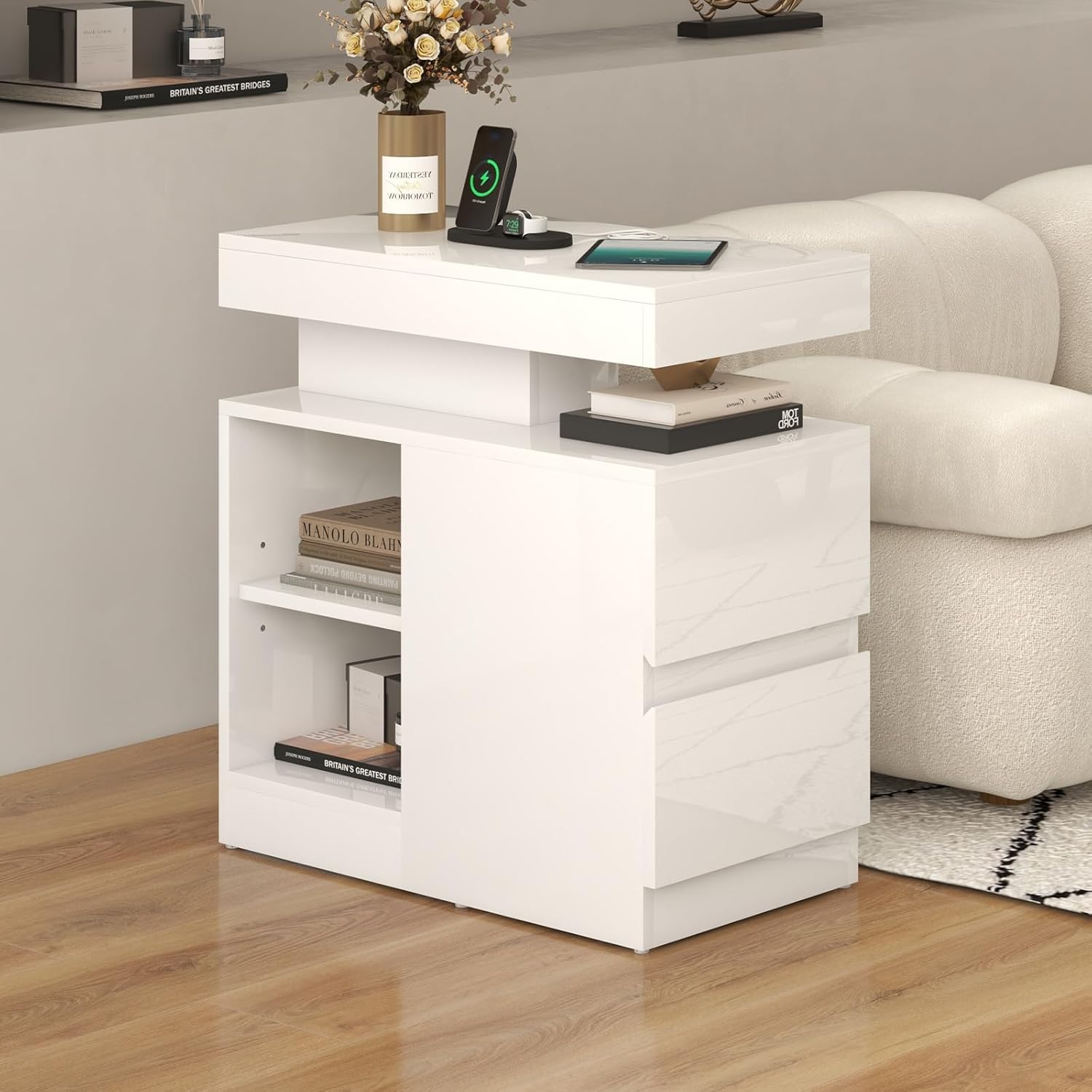 OC Orange-Casual LED End Table with Power Outlet, High Glossy Sofa Side Table, Small Nightstand with Drawer and Storage Cabinet, Narrow Side Table with Charging Station for Living Room (1,White)