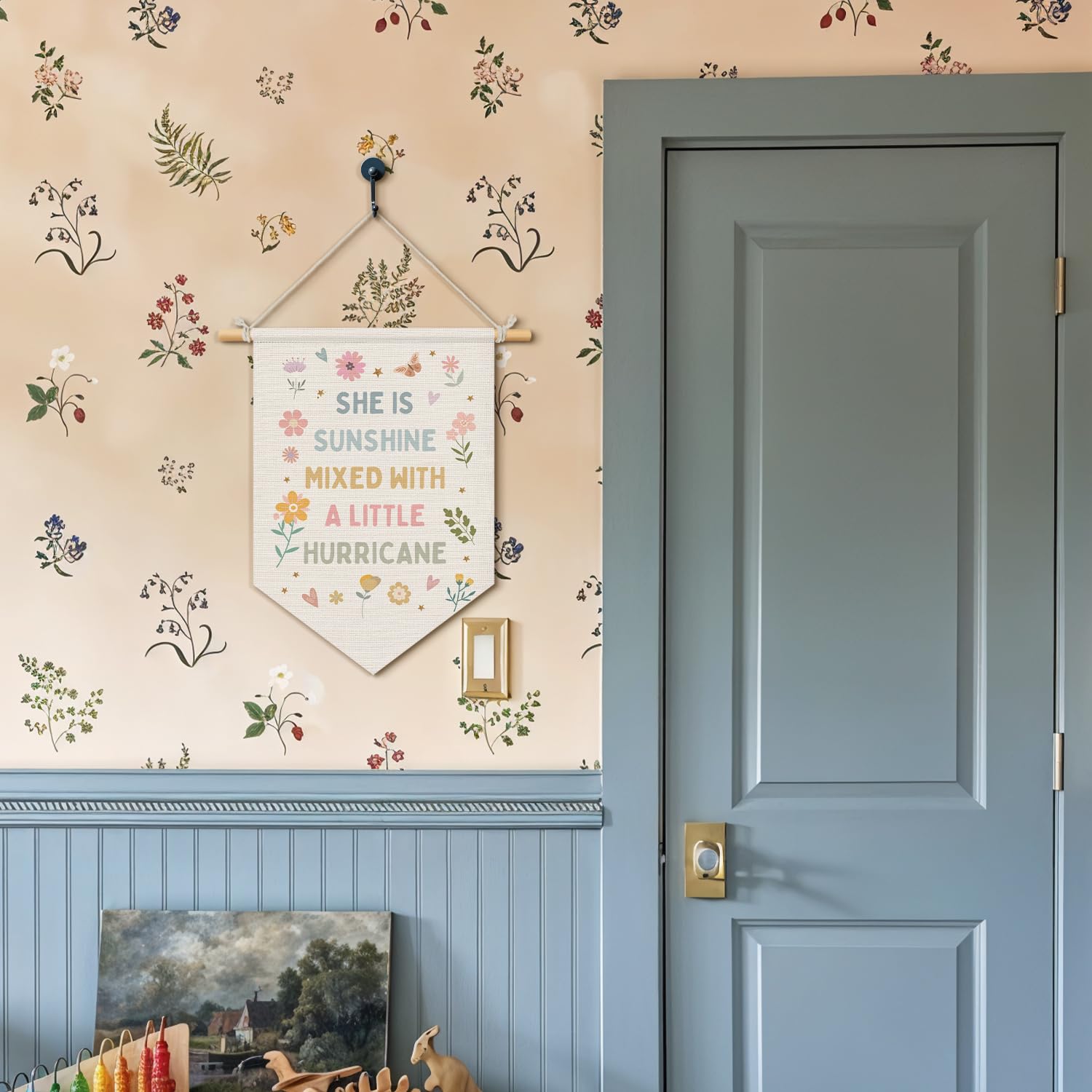 Wheatwin Baby Girl Nursery Decor, Girls Room Wall Hanging Pennant Flag Banner, Pastel Floral Wall Decor Gifts for Girls Toddler Room Playroom 15x11 Inch