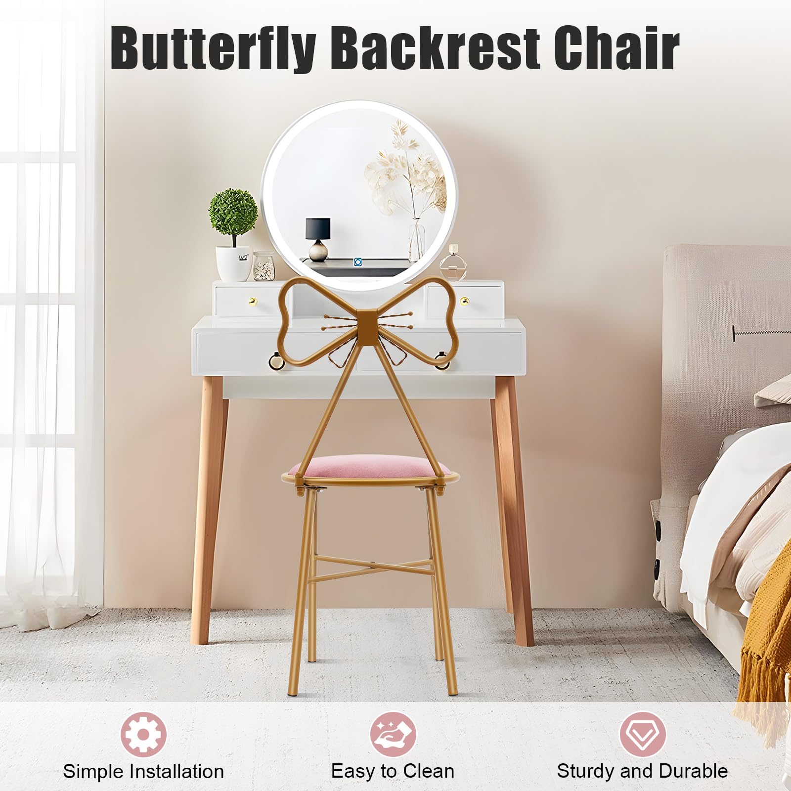 Schminkhocker Samt Rosa, Schminkstuhl mit Schleifen-Rückenlehne, Weich Gepolsterter Sitz & Stabile Metallbeine, Dekorativer Samthocker für Schminktisch, Schlafzimmer & Ankleidezimmer