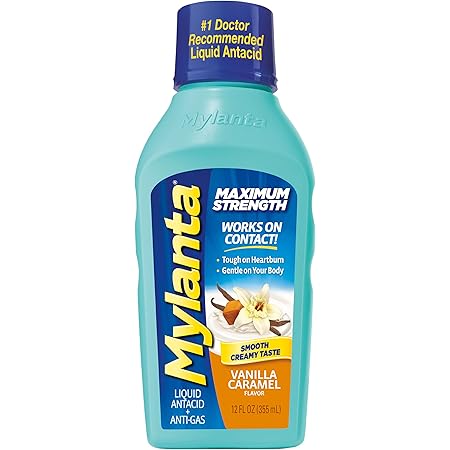 Mylanta Antacid and Gas Relief, Maximum Strength Formula, Vanilla Caramel Flavor, 12 Fluid Ounce