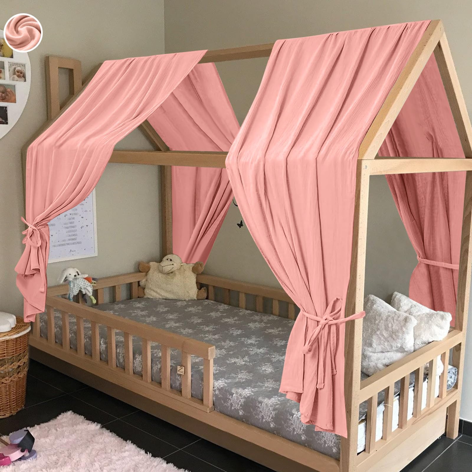 HOTUT Extra Wide Princess Bed Canopy, 2pcs Large Children Bed Canopy, 100% Cotton Girls Mosquito Net, Kids Princess Play Tents Nursery Room Decoration for Baby, for Women Bedroom Decorations Dark Pink