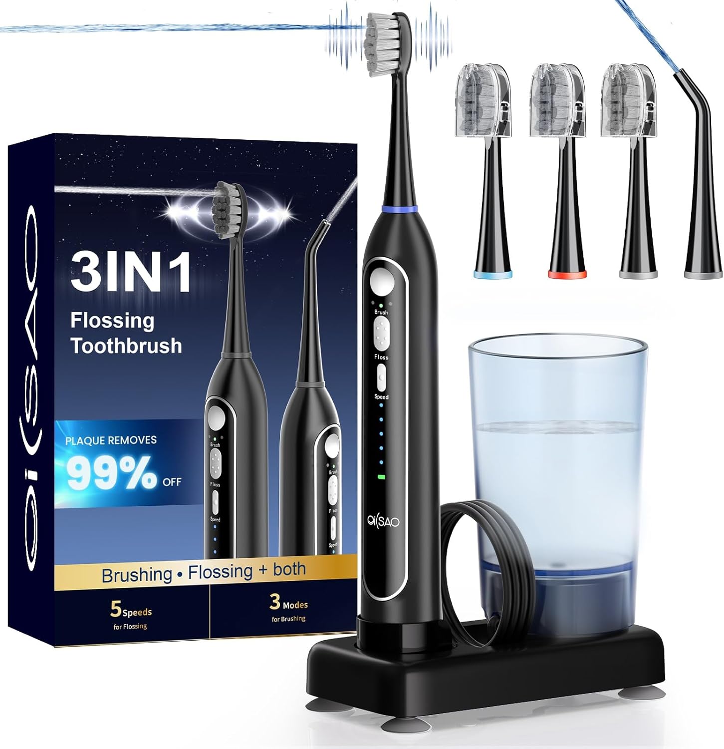 Electric Toothbrush with Water Flosser Combo,5 Flossing Speeds & 3 Brush Modes for Adults,Sonic 2.0 Professional Flossing Toothbrush for Teeth Cleaning,Portable for Travel,30-Day Battery, Black