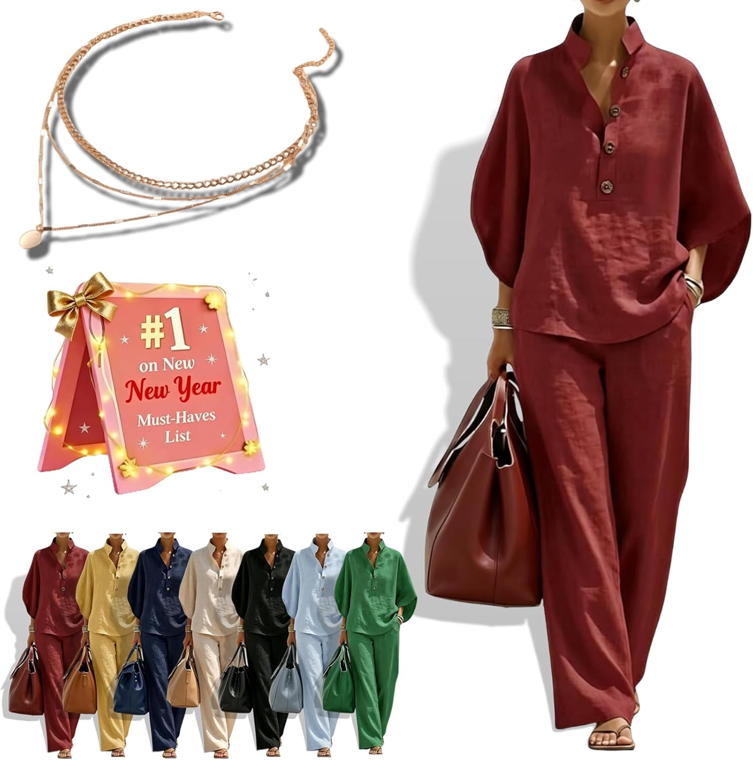 Linen Sets for Women 2 Piece Pants - Oversized Batwing Sleeve Top and High Waisted Wide Leg Lounge Pants Casual