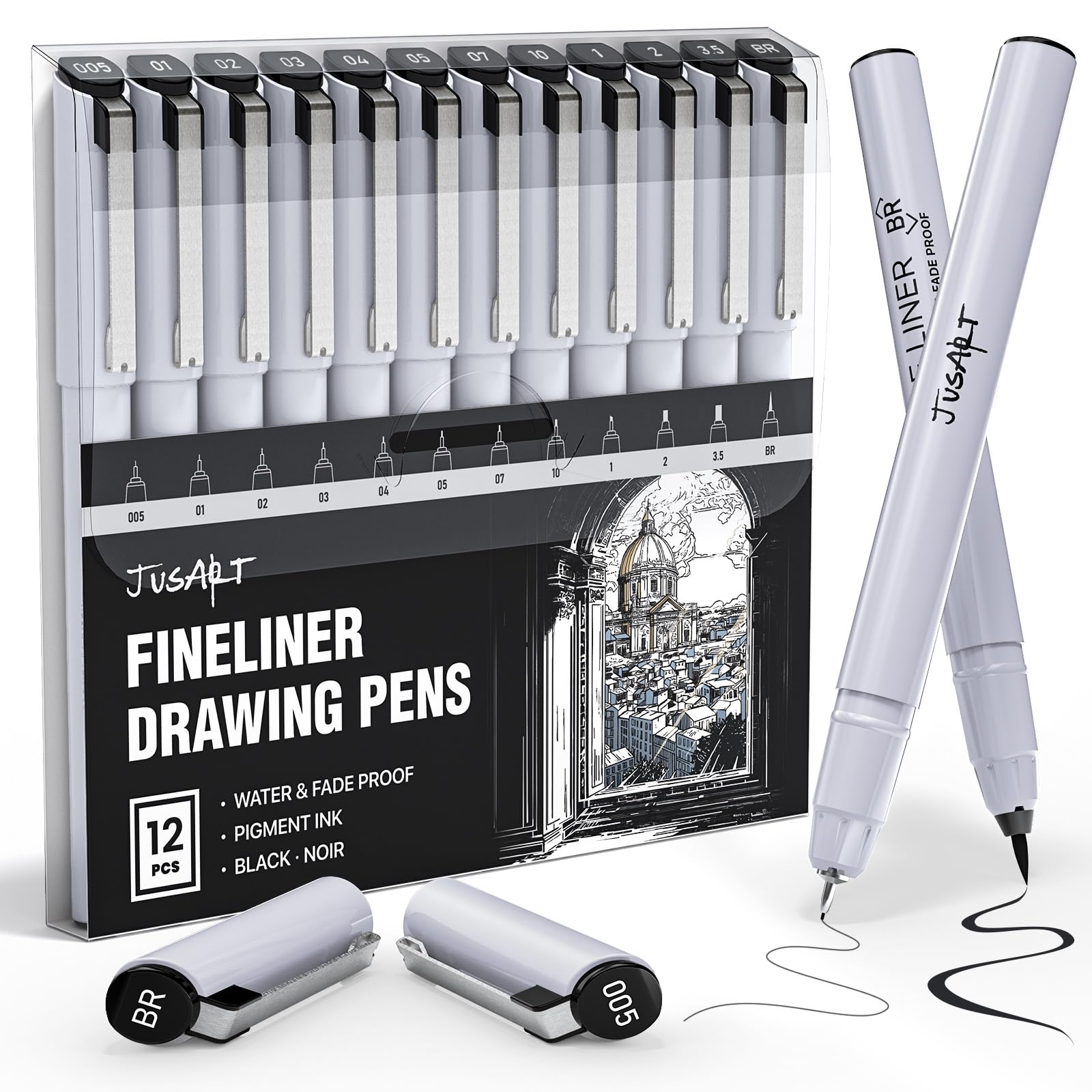 JustArt Fineliner Pens, 12 Size Tips, Fine, Brush & Chisel, Waterproof Black Pigment Ink Pens for Artists, Crafters, Illustration, Sketching, Writing, Journaling, Bible Notes and Art Projects