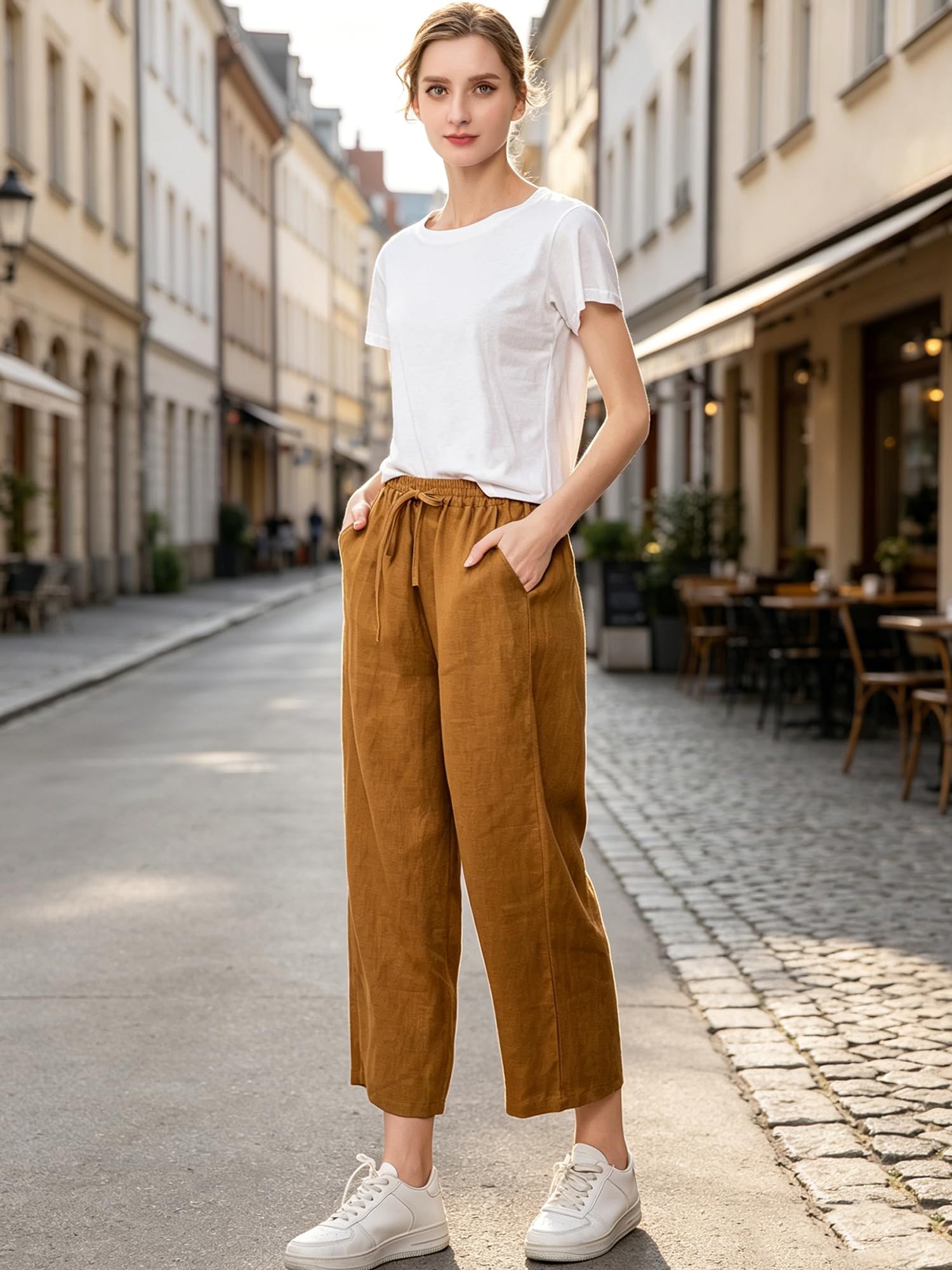 FTCayanz Donna Pantaloni Larghi Lino Vita Alta Pantaloni Gamba Larga Estivi con Coulisse