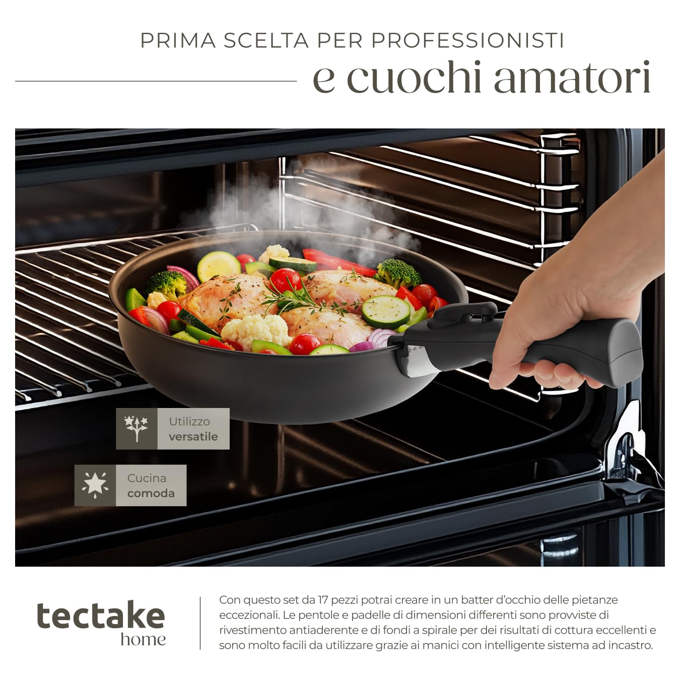 tectake®, Set di pentole 17 pezzi, set pentole induzione anche per pianio a gas ed elettrici, pentola per pasta, antiaderenti, manici removibili - 2 Padelle, 1 Padella Grill, 2 Pentola Pot, 4 Coperchi