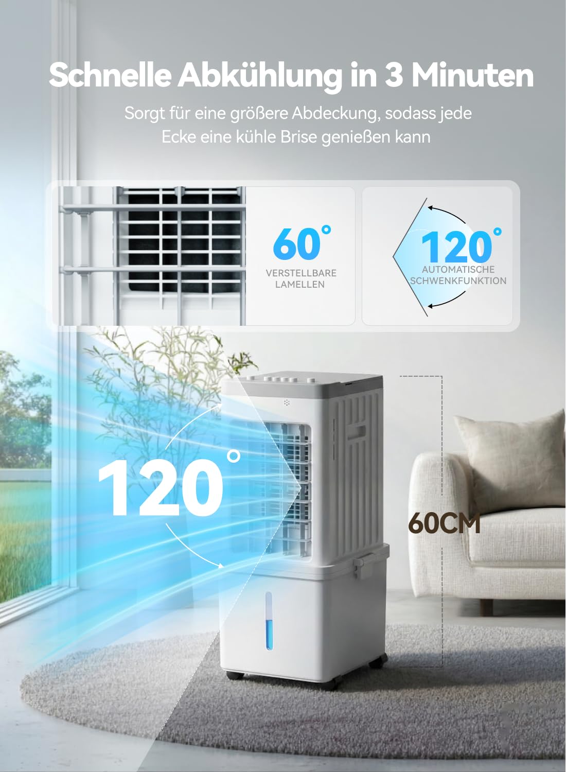Climatiseur Mobile, Rafraîchisseur d’Air 3-en-1, Refroidisseur Évaporatif, Réservoir 12L, 3 Vitesses, Oscillation 60°, 35dB Silencieux, Design Compact, Maison, Bureau, Adapté aux Animaux Domestiques
