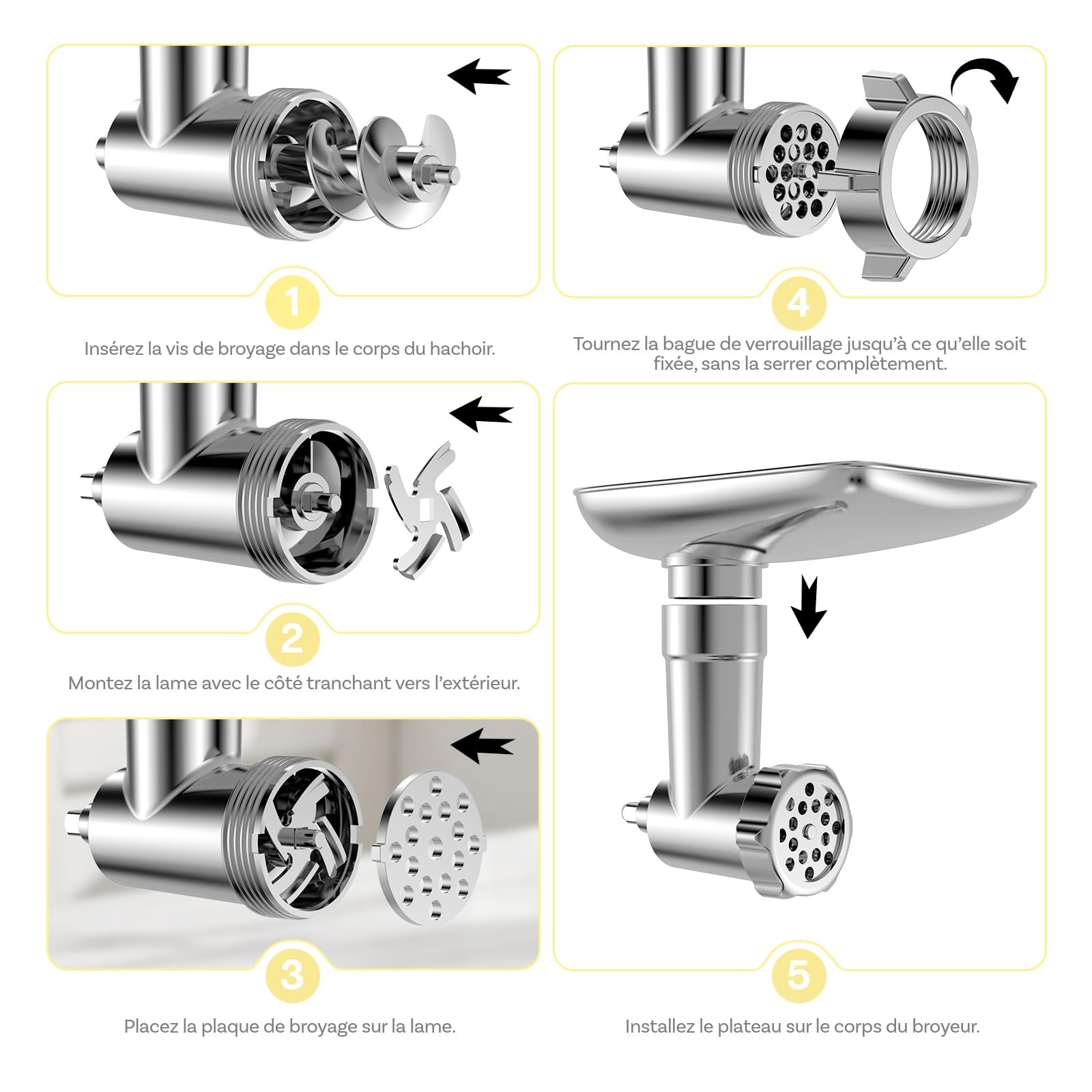 Hachoir à Viande en Acier Inoxydable pour KitchenAid – 4 Plaques de Broyage, 3 Tubes à Farcir pour Saucisses, 2 Lames de Broyage & 1 Moule à Boulettes de Viande – Lave-Vaisselle – Par MMOBIEL