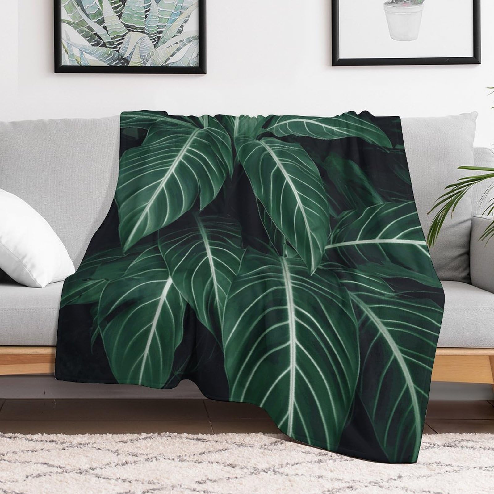 Couverture polaire en flanelle de microfibre premium motif feuilles vertes