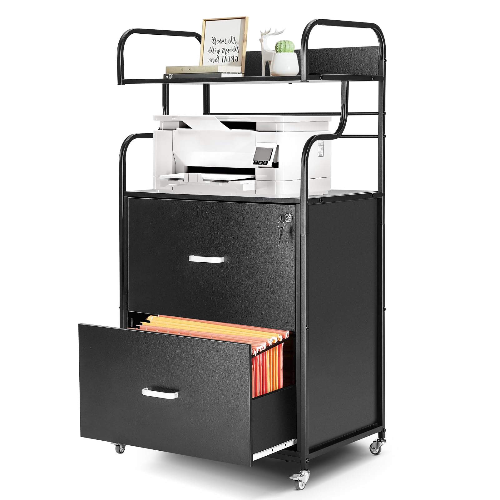 Vertical File Cabinet, 2 Drawer Mobile Filing Cabinet with 1 Bookshelf, Printer Stand with Open Storage Shelves Fits A4/Letter/Legal Size File Cabinets for Home Office Organizer, Black