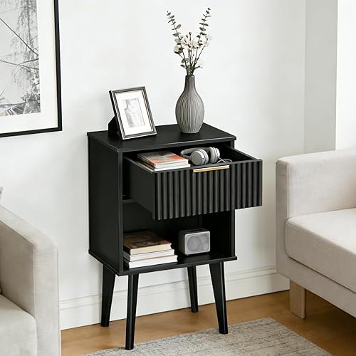 Miniatura 6 de Mesa auxiliar, mesita de noche acanalada, mesa auxiliar moderna, mesita de noche pequeña con 1 cajón y 1 compartimento abierto, mesita de noche