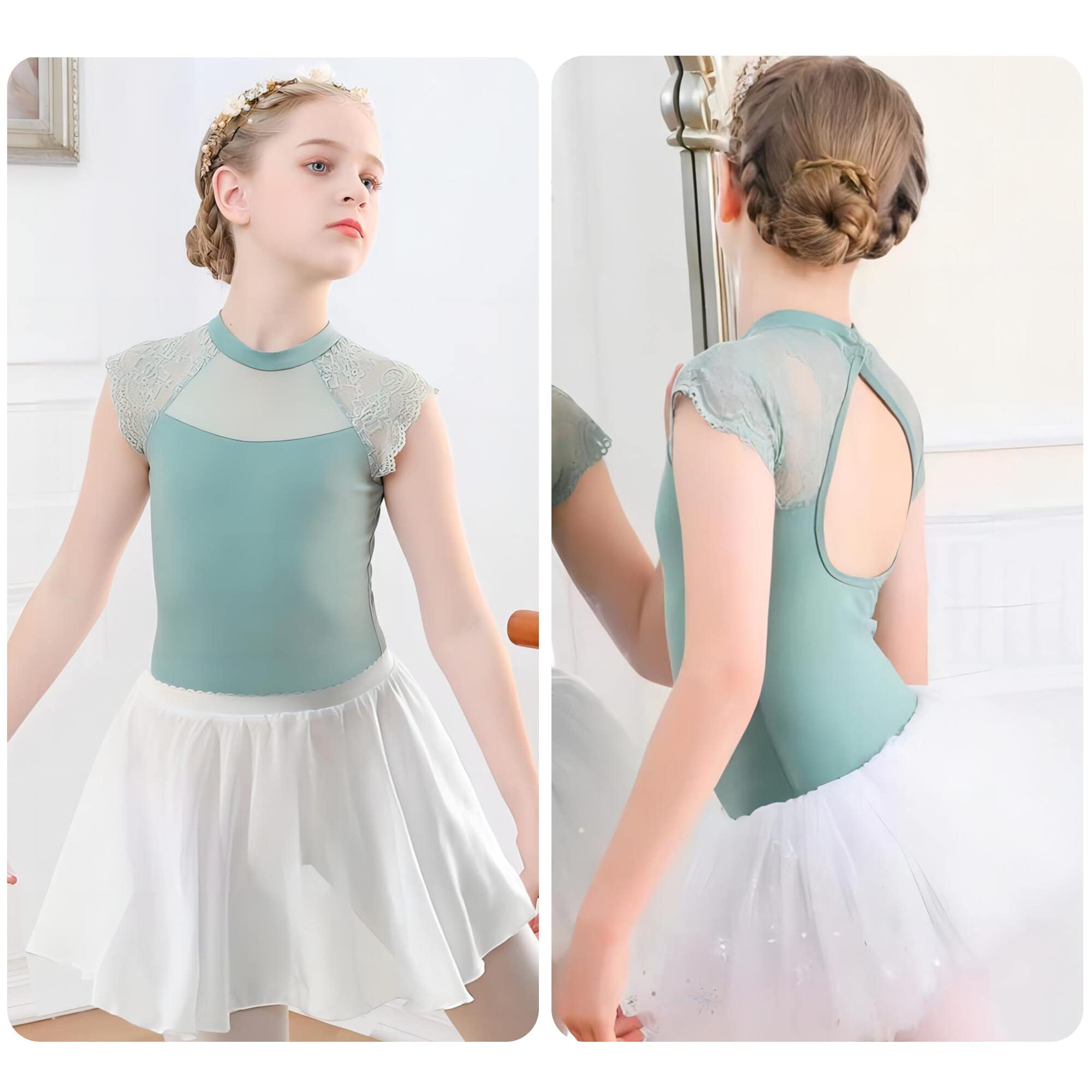 FEOYA Leotardos de ballet para niñas, vestido de manga corta con espalda descubierta, falda tutú, falda de bailarina