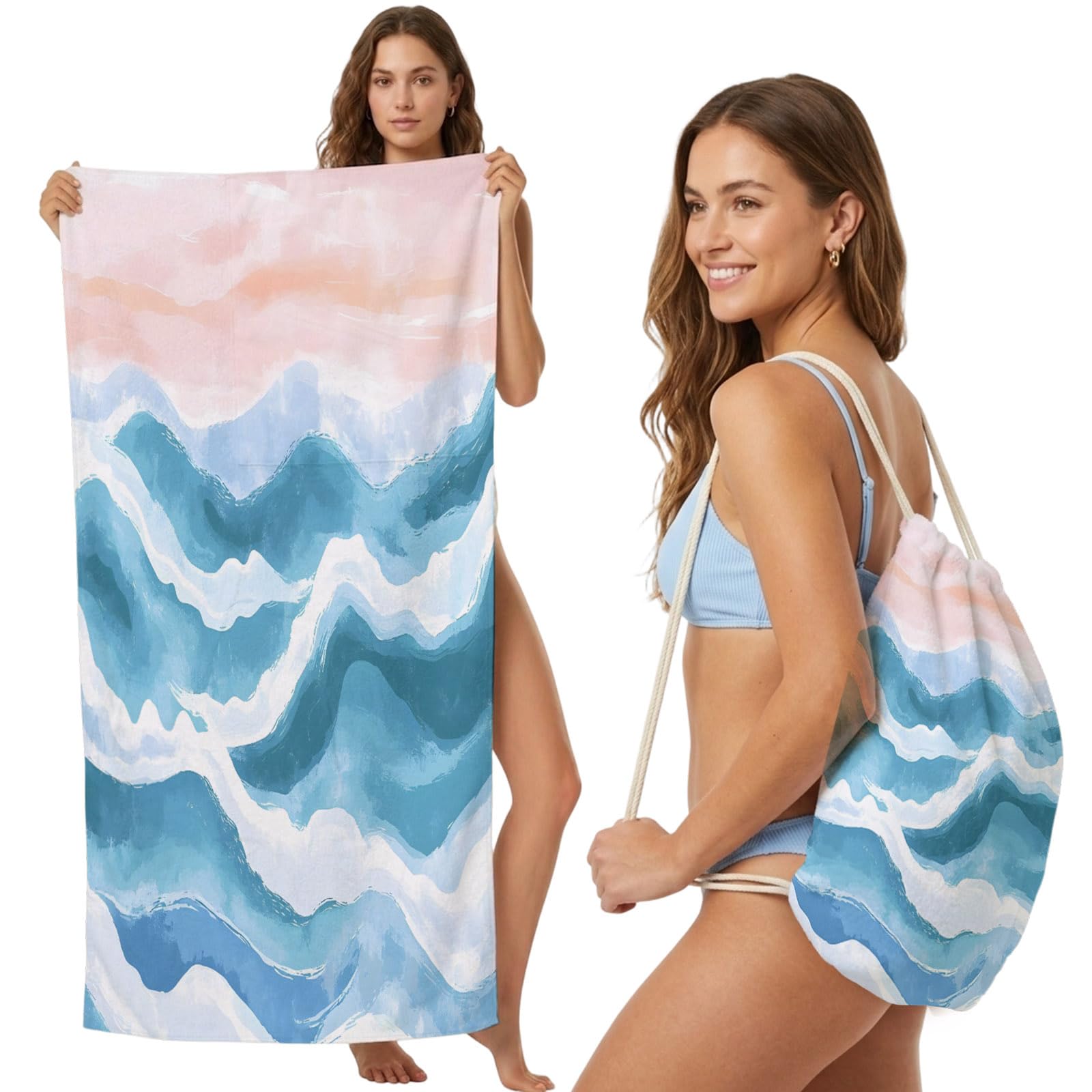 FWJZDSP Beach Towel Backpack, Pink Blue Gradient Ocean Wave 2-in-1 Foldable Soft Microfiber Quick Dry Beach Towel 31.5x63in Watercolor Sea Stripes Lightweight Pool Towels Bag for Travel, Yoga, Gym
