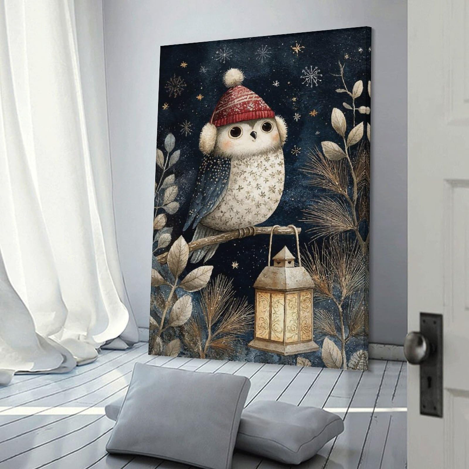Junmoney Frame-Style-10 Winter Owl With Lantern Illustration Room Decor Wall Art, 24X36inch(60X90cm), For Living Room, Bedroom, Office Or Hallway, Decorative Artwork With Broad Appeal