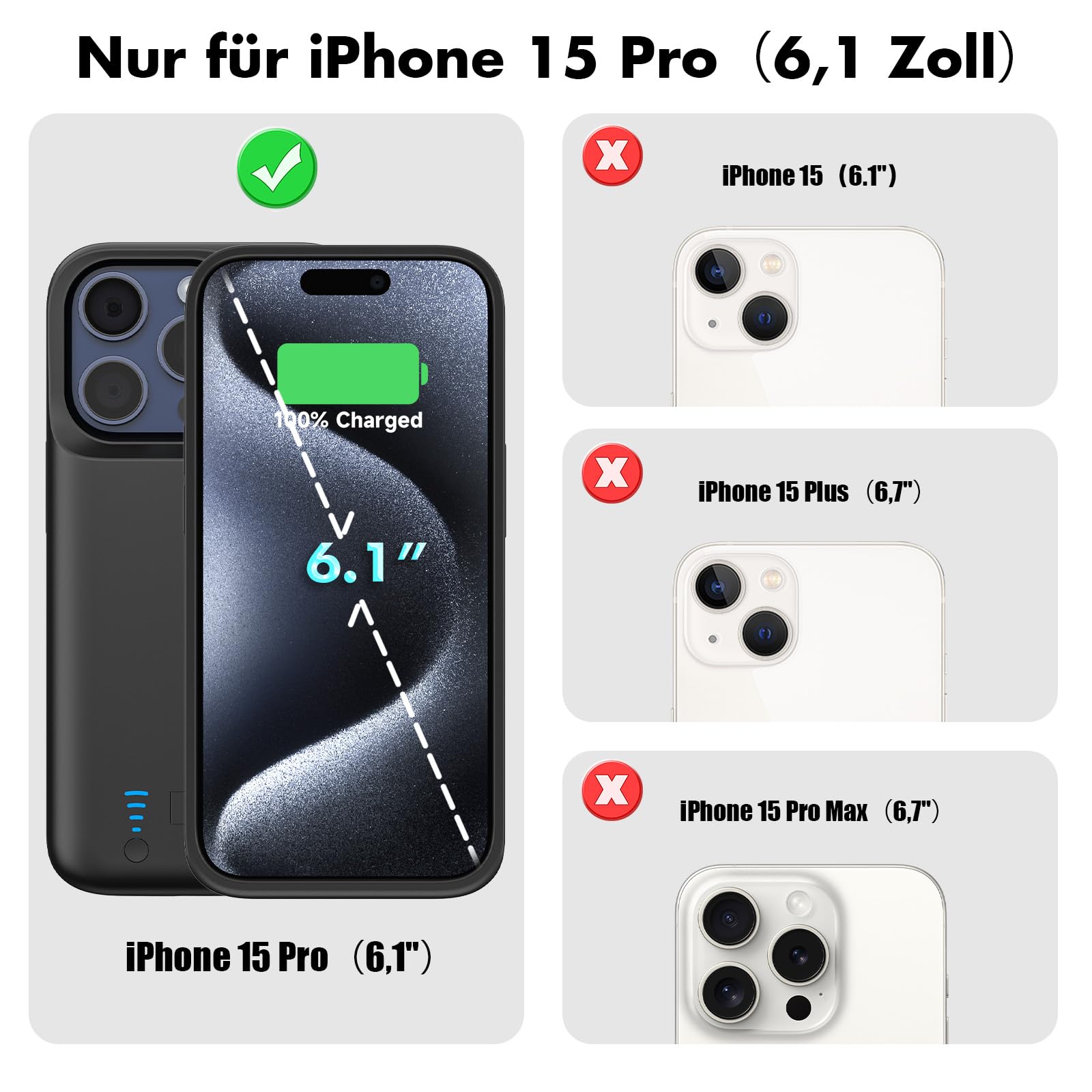 Akkuhülle für iPhone 15 Pro (8500mAh), Schlanke Wiederaufladbare Erweiterte Ladehülle Powerbank mit Standfuß, Tragbare Schutzhülle mit Akku für iPhone 15 Pro,(6,1 Zoll) – Schwarz