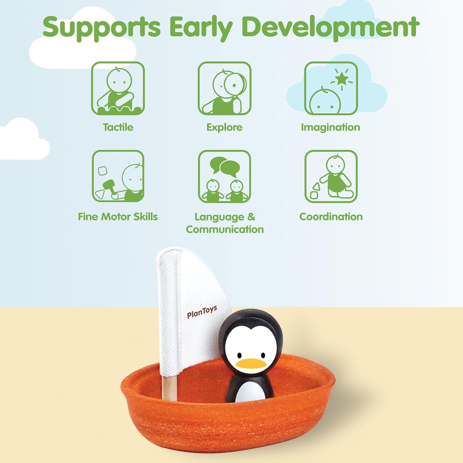 PlanToys® Wooden Penguin Sailing Boat Bath Toy for Toddlers | Montessori Floating Toy for Kids | Eco-Friendly Baby Water Toy for Bathtub, Pool & Water Table