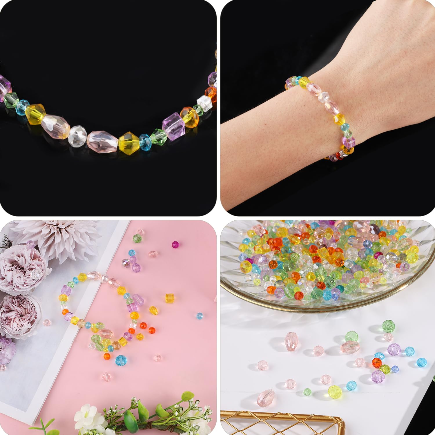 Renashed Briolette Lot De 300 Perles En Verre De Cristal De 8 Mm à Facettes Avec Boîte De Rangement Pour La Fabrication De Bijoux, 10 Couleurs (8 Mm