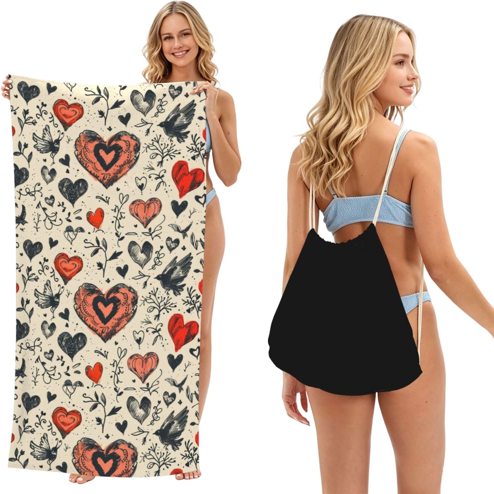 SKGOHLH silhouette of a heart 2in1 Packable Beach Towel Bag Women