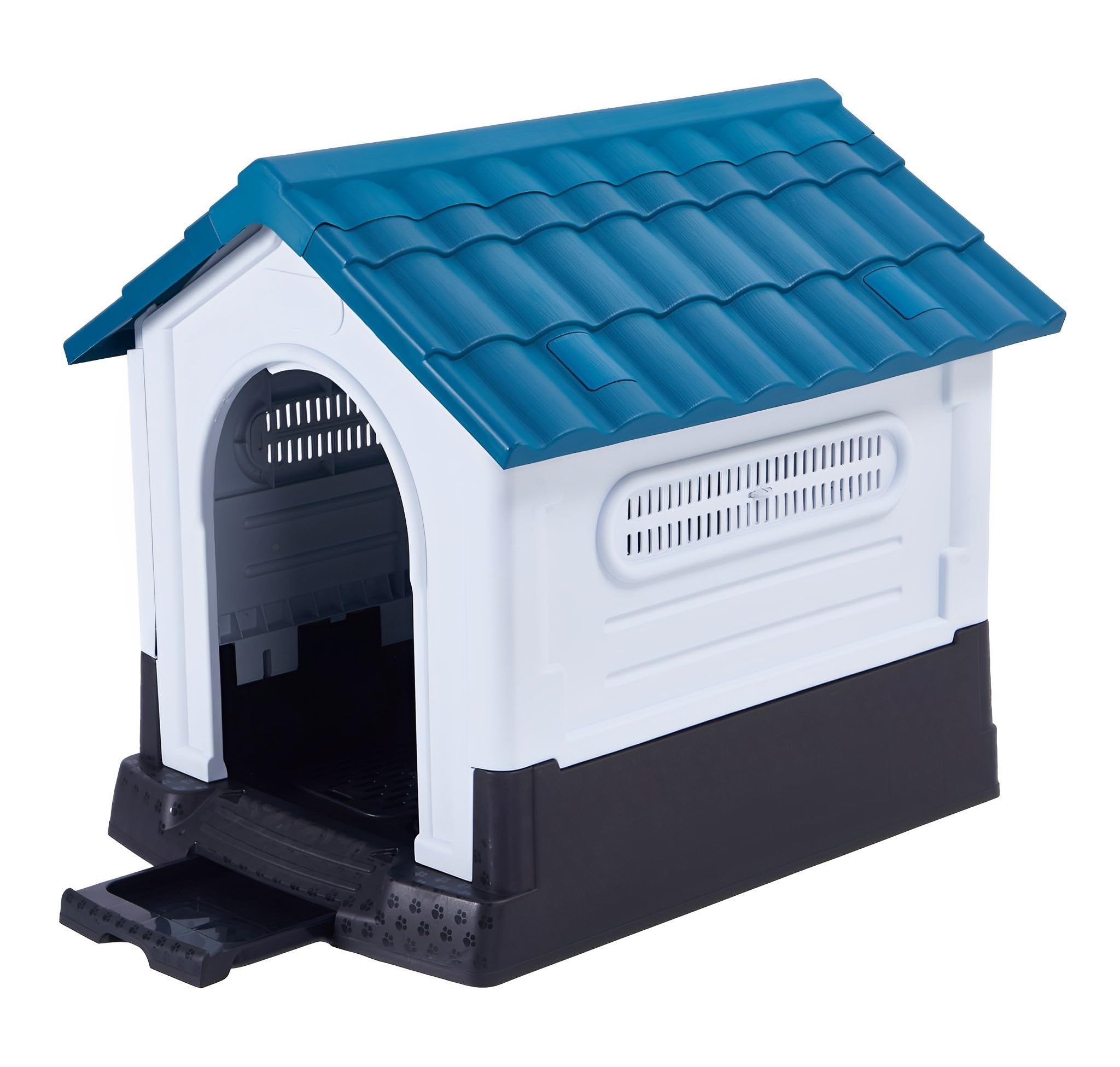 Lanco - Caseta para Perros Medianos con Aseo. Uso Interior y Exterior con Rejillas de ventilación. Material Resistente. 83x67x76cm. Azul y Blanco.