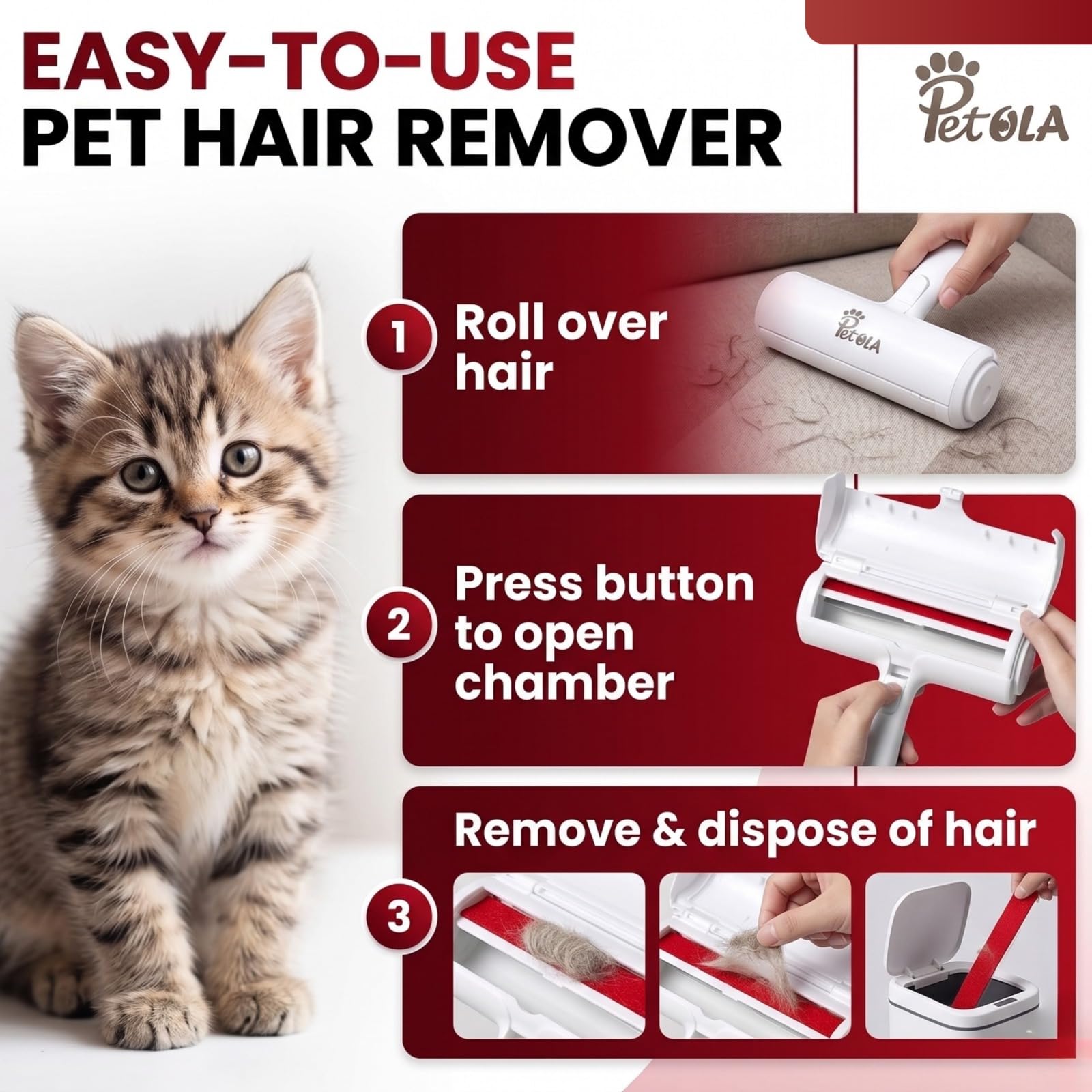 Petola Pet Hair Remover Roller for Dogs & Cats, Reusable Lint & Hair Remover for Clothes, Sofas, Furniture, Couch, Carpet, Car Seats (Red 4