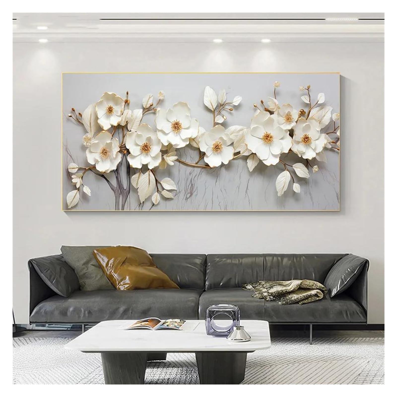 Arte de pared Canvas Prints Decoración Póster Moderno Abstracto Con Flores Doradas Y Blancas Sobre Mármol, Impresión En Lienzo, Pintura Sin Marco, Decoración Para Sala De Estar(Segundo,60x120CM)